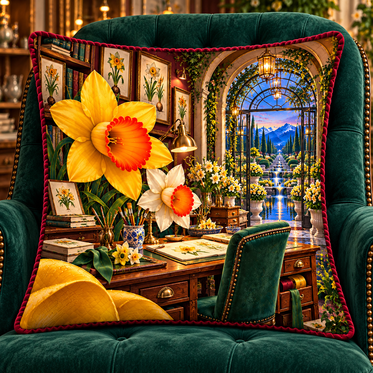 Daffodil Artisan Studio Quilted Cushion Cover with printed optical 3D artwork in its use setting