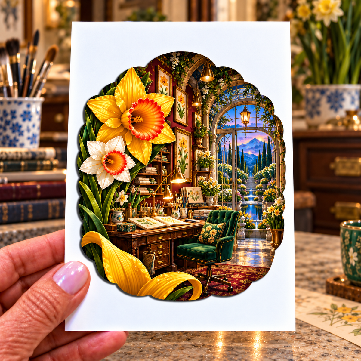Daffodil Artisan Studio Acrylic Refrigerator Magnet with printed optical 3D artwork in its use setting