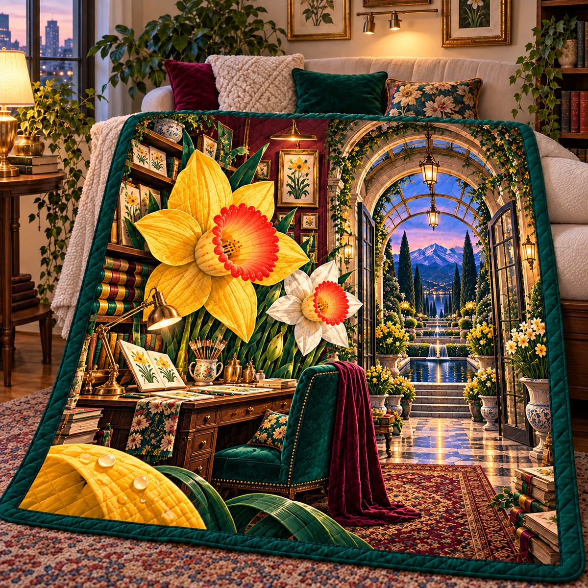 Daffodil Artisan Studio Quilt Blanket with printed optical 3D artwork in its use setting