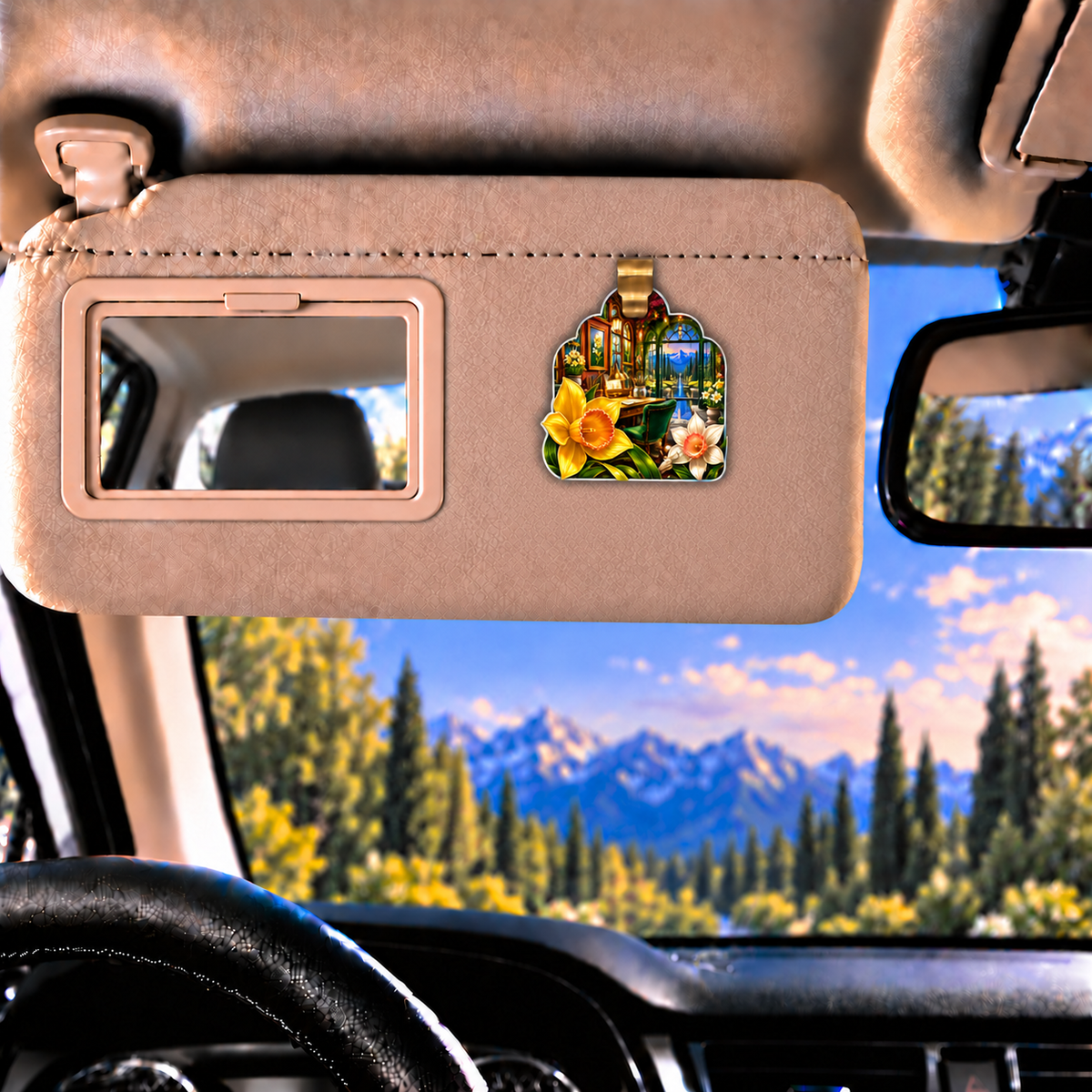Daffodil Artisan Studio Holographic Car Visor Clip with printed optical 3D artwork in its use setting