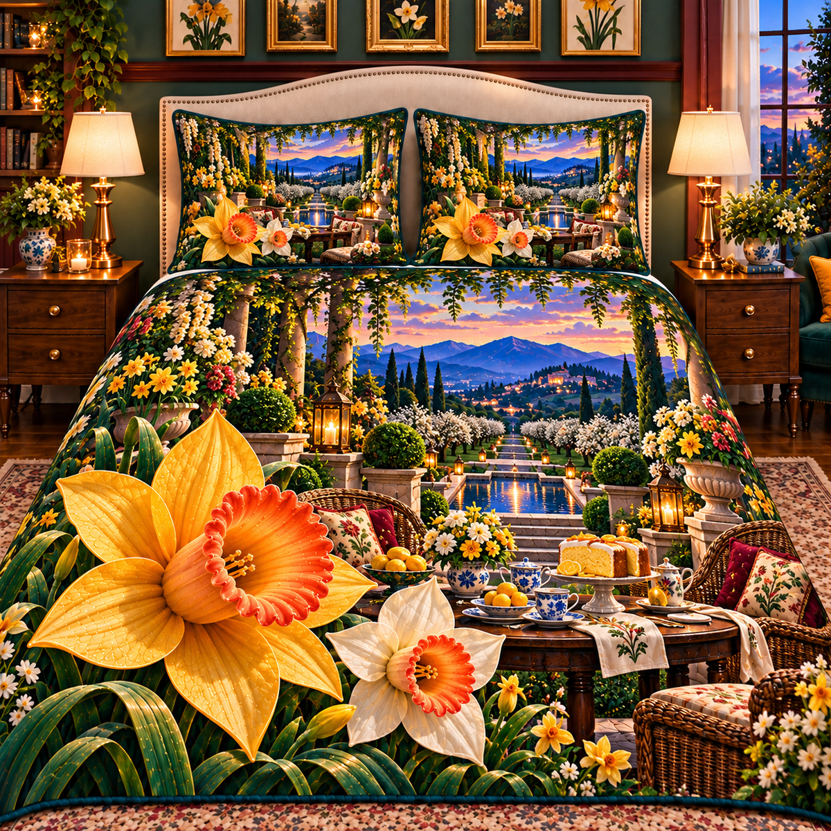 Daffodil Garden Welcome Quilted Bedding Set with printed optical 3D artwork in its use setting