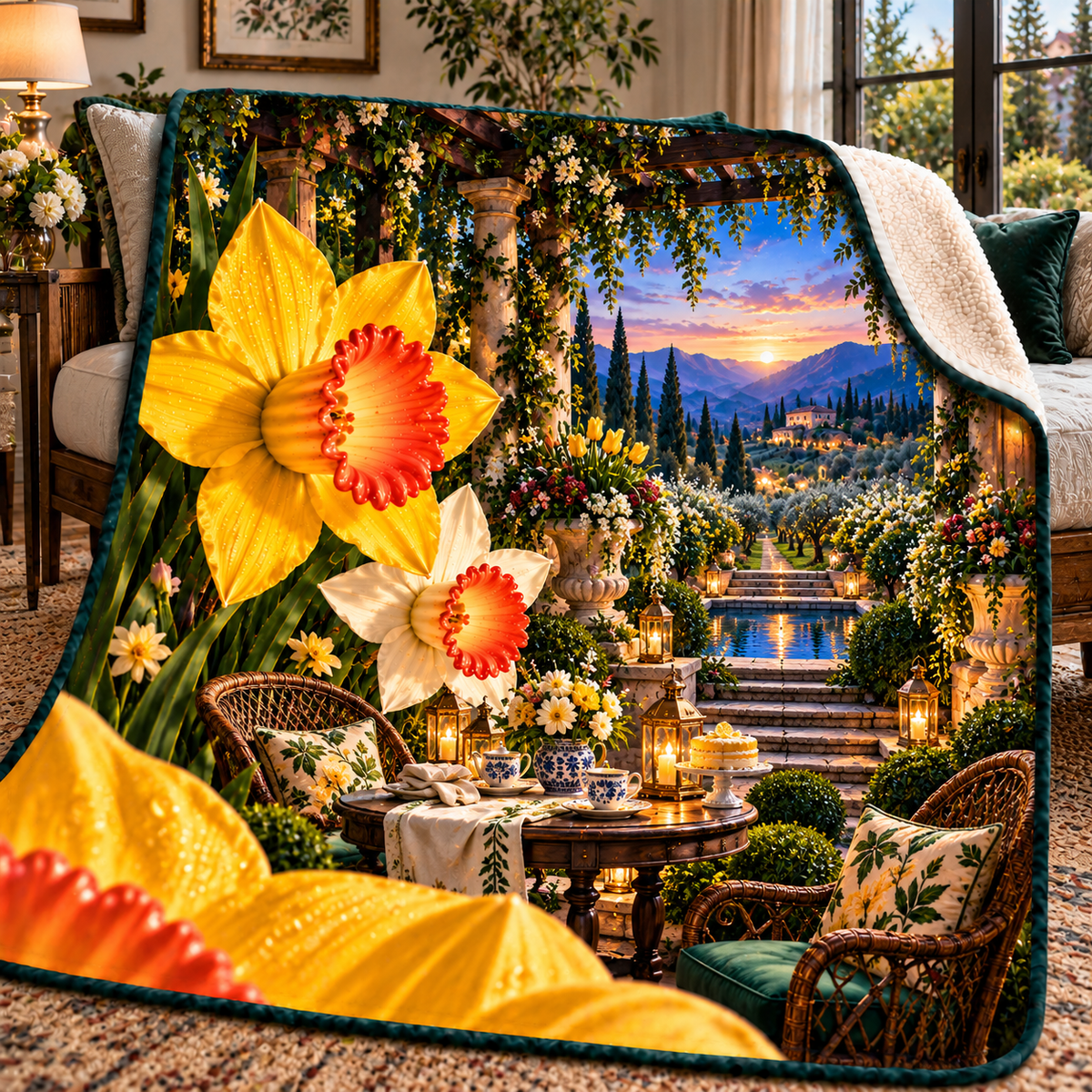 Daffodil Garden Welcome Sherpa & Fleece Blanket with printed optical 3D artwork in its use setting