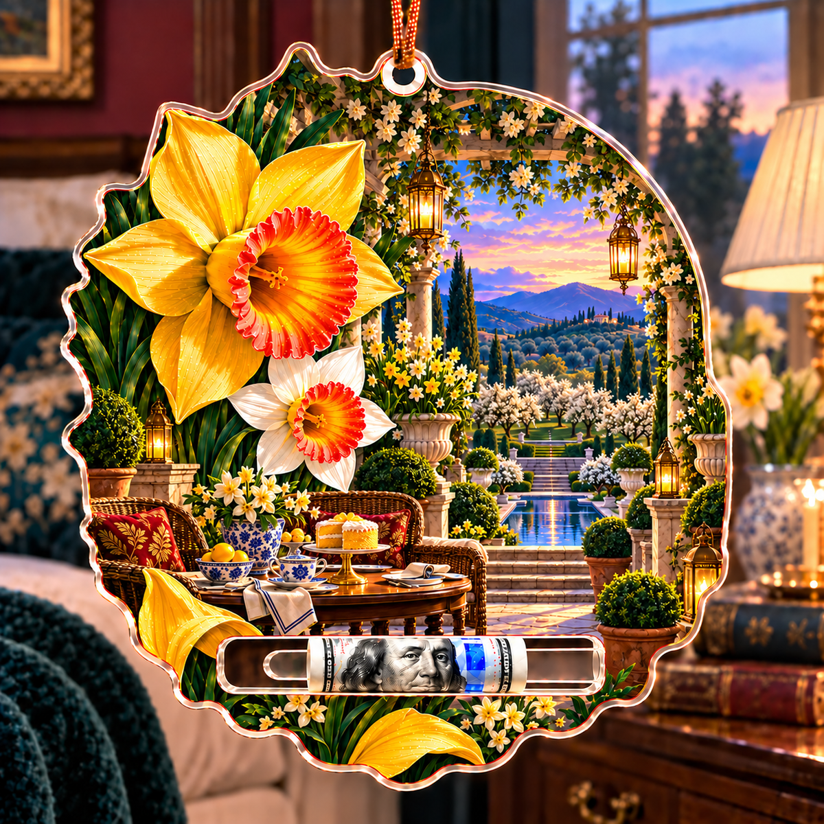Daffodil Garden Welcome Acrylic Cash Holder Ornament with printed optical 3D artwork in its use setting
