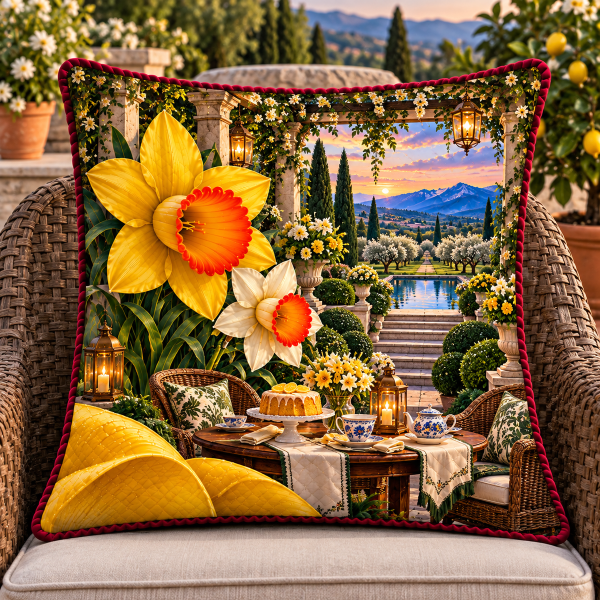 Daffodil Garden Welcome Quilted Cushion Cover with printed optical 3D artwork in its use setting