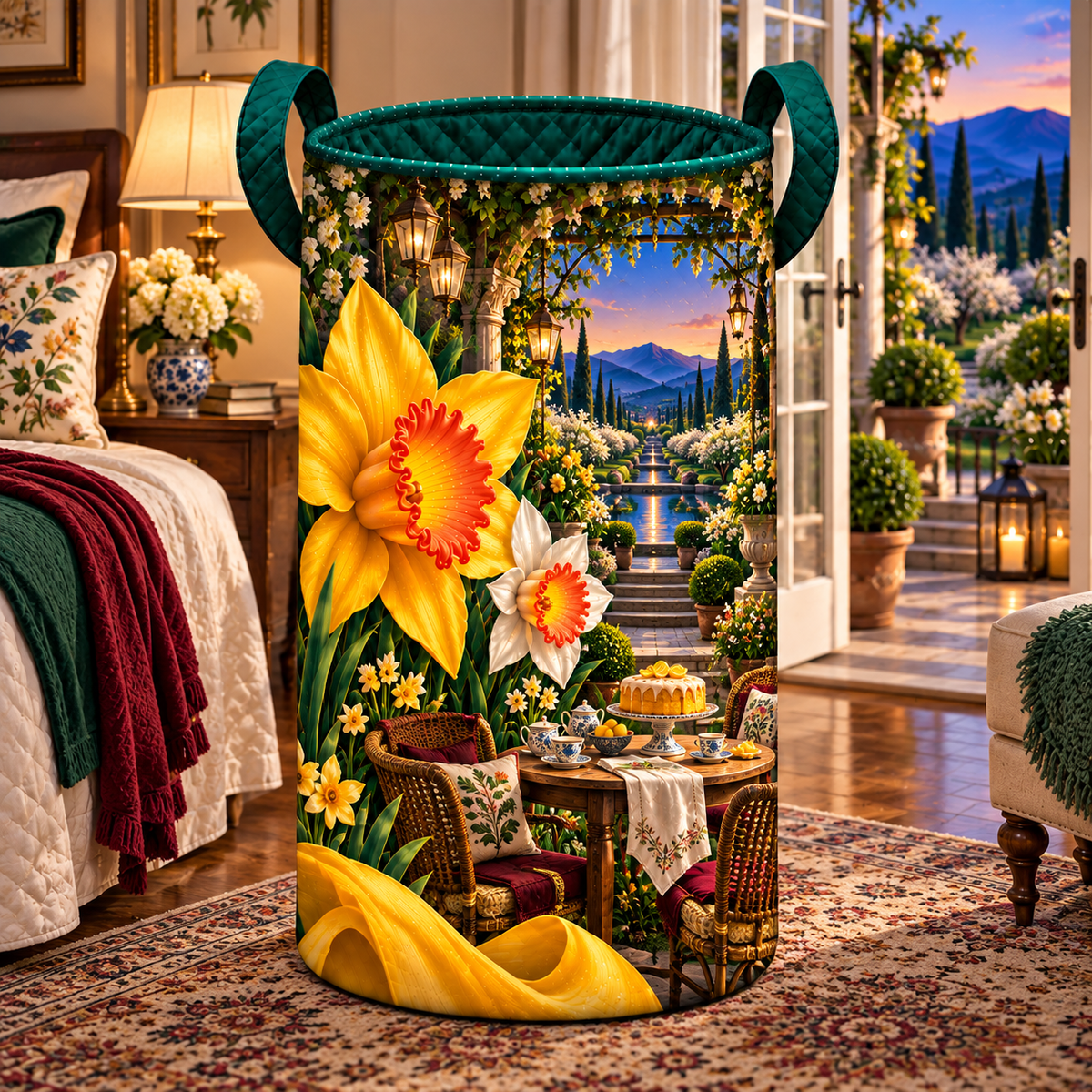 Daffodil Garden Welcome Laundry Hamper with printed optical 3D artwork in its use setting
