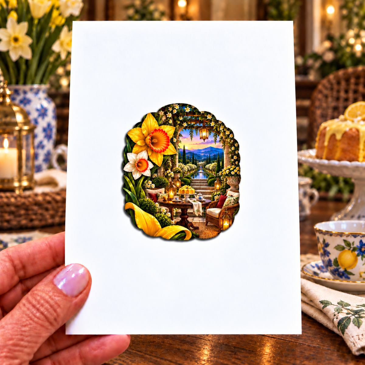 Daffodil Garden Welcome Acrylic Refrigerator Magnet with printed optical 3D artwork in its use setting