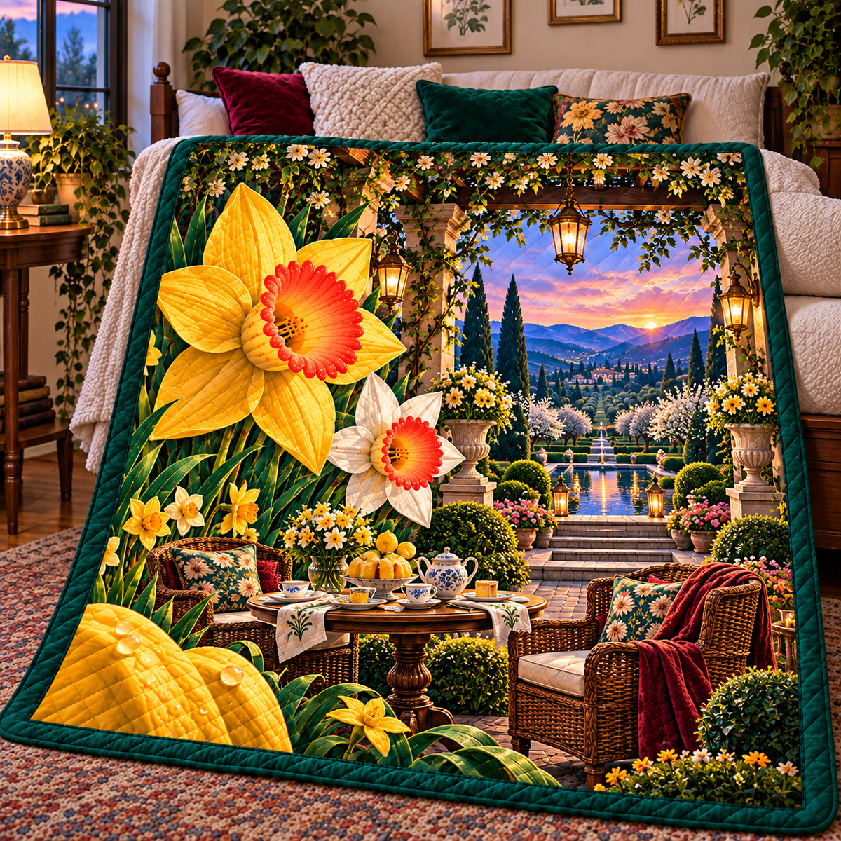 Daffodil Garden Welcome Quilt Blanket with printed optical 3D artwork in its use setting