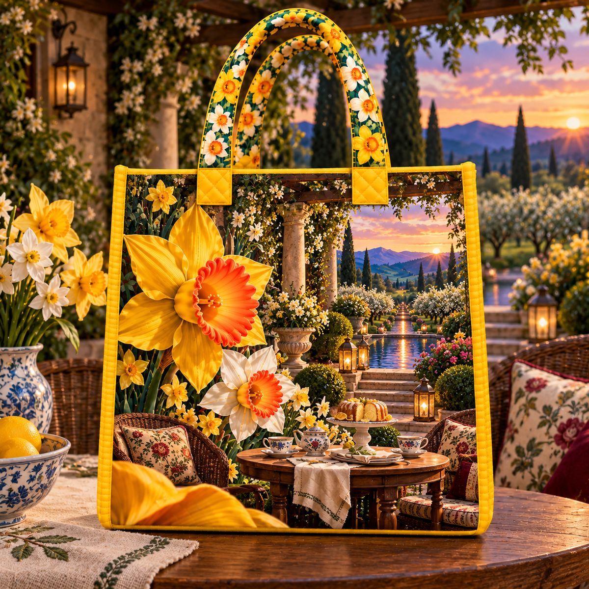Daffodil Garden Welcome Quilted Tote Bag with printed optical 3D artwork in its use setting