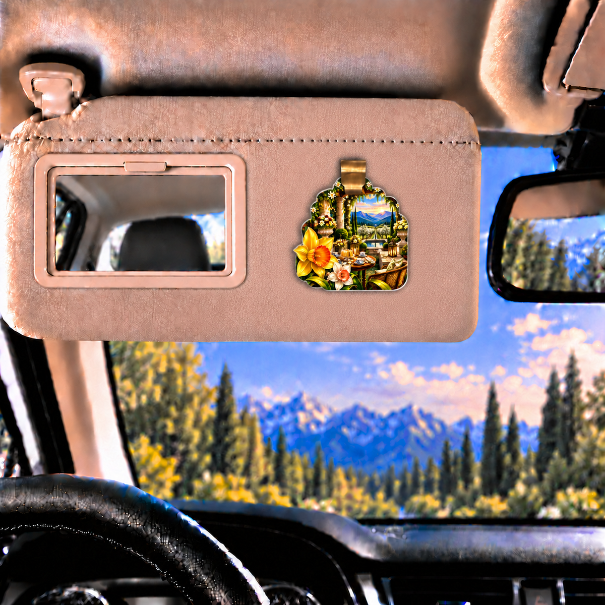 Daffodil Garden Welcome Holographic Car Visor Clip with printed optical 3D artwork in its use setting