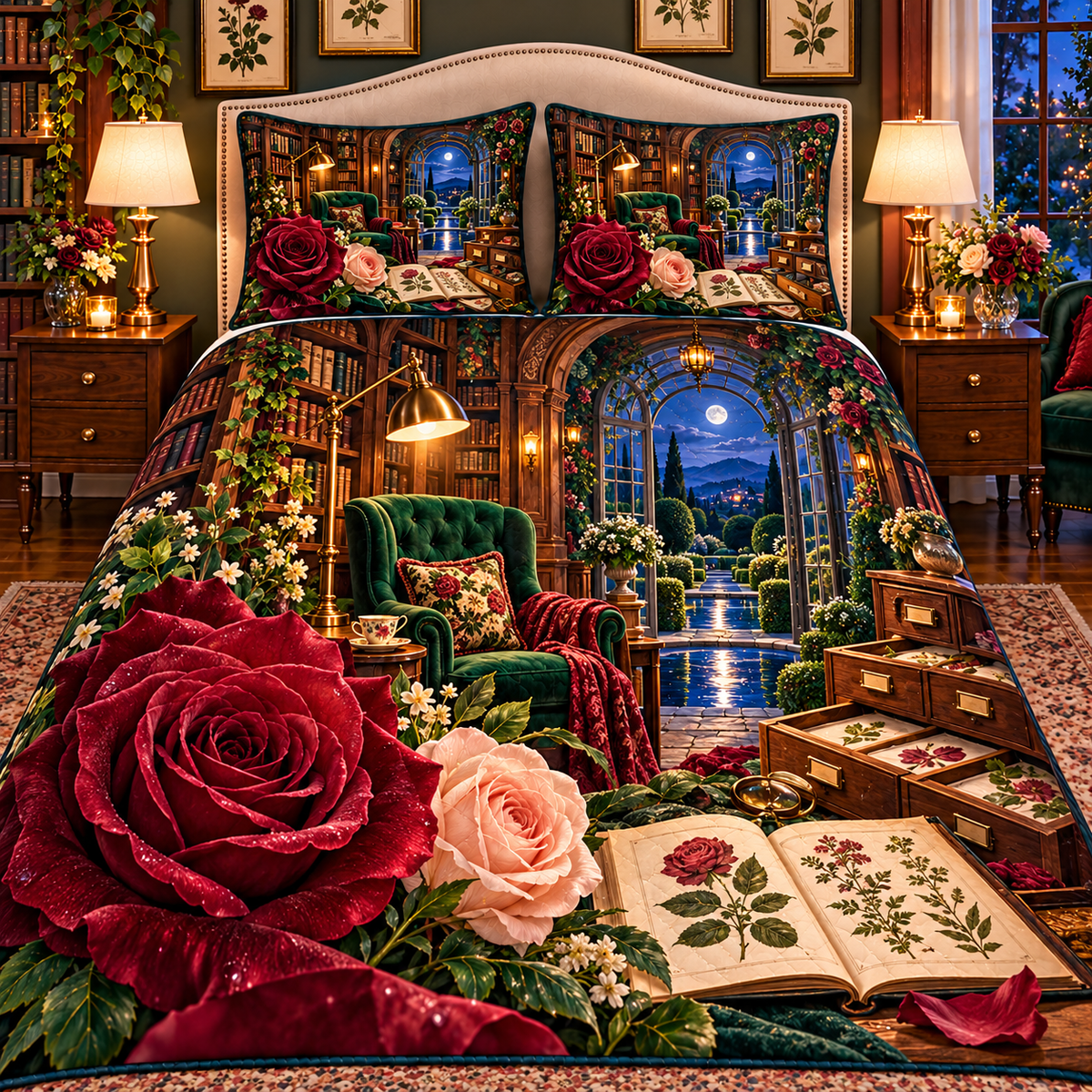 Rose Herbarium Reading Nook Quilted Bedding Set with printed optical 3D artwork in its use setting