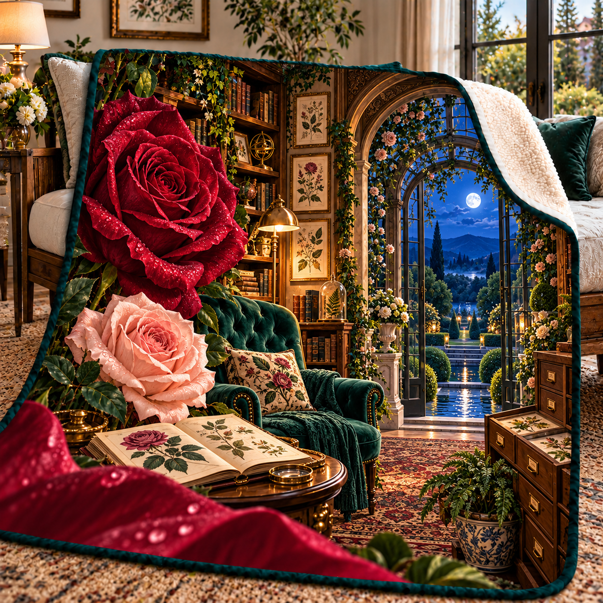 Rose Herbarium Reading Nook Sherpa & Fleece Blanket with printed optical 3D artwork in its use setting