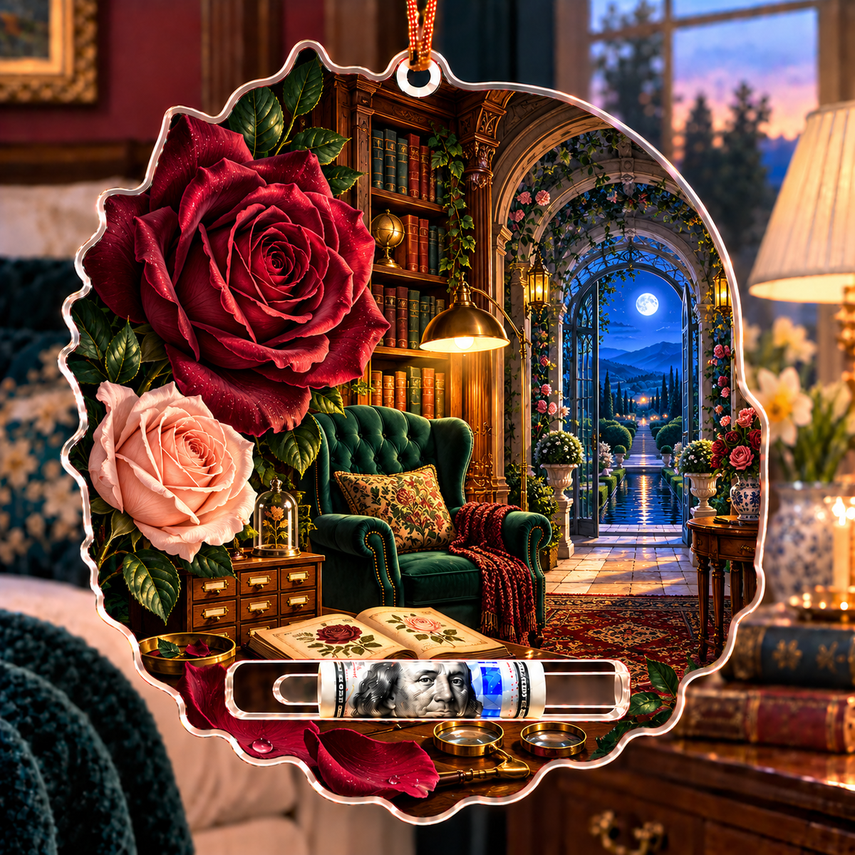 Rose Herbarium Reading Nook Acrylic Cash Holder Ornament with printed optical 3D artwork in its use setting