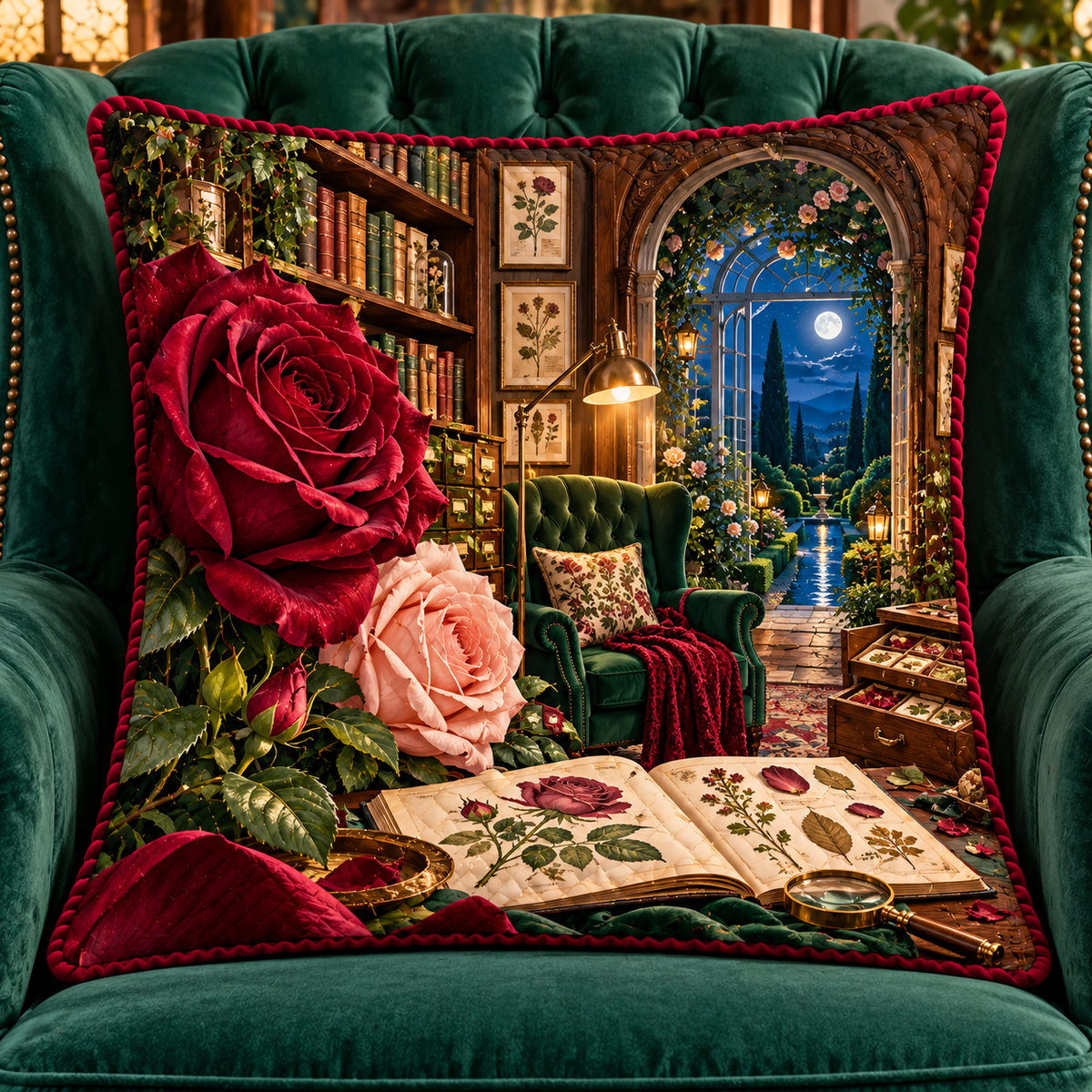 Rose Herbarium Reading Nook Quilted Cushion Cover with printed optical 3D artwork in its use setting
