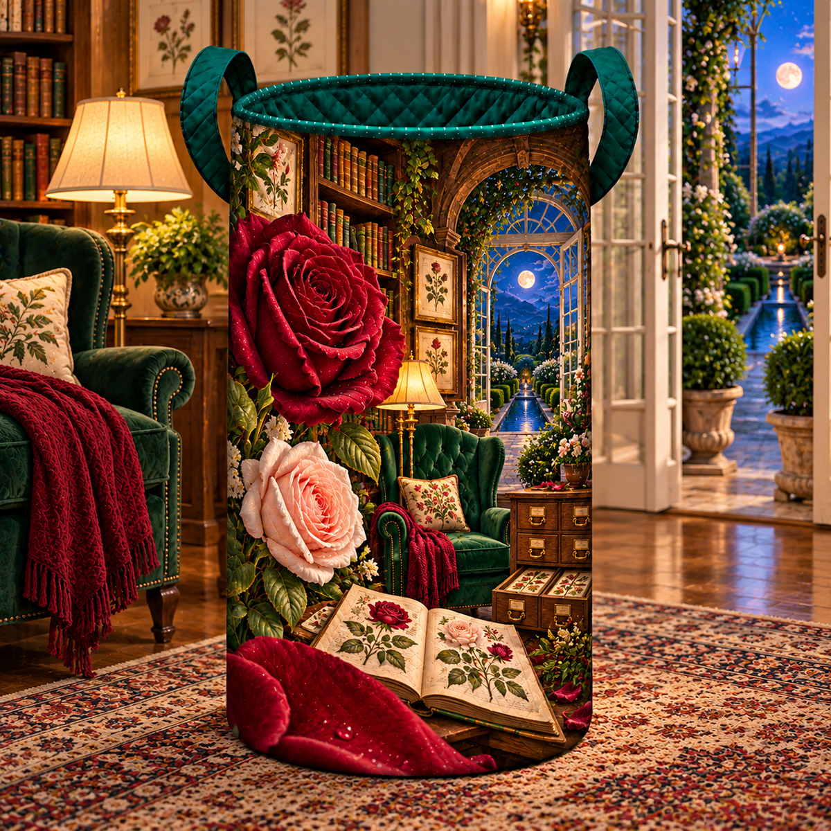 Rose Herbarium Reading Nook Laundry Hamper with printed optical 3D artwork in its use setting
