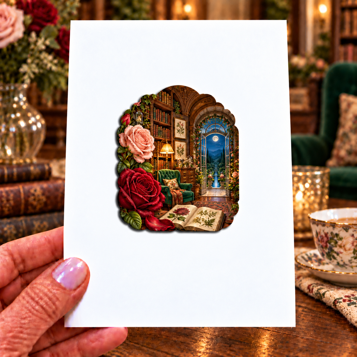 Rose Herbarium Reading Nook Acrylic Refrigerator Magnet with printed optical 3D artwork in its use setting