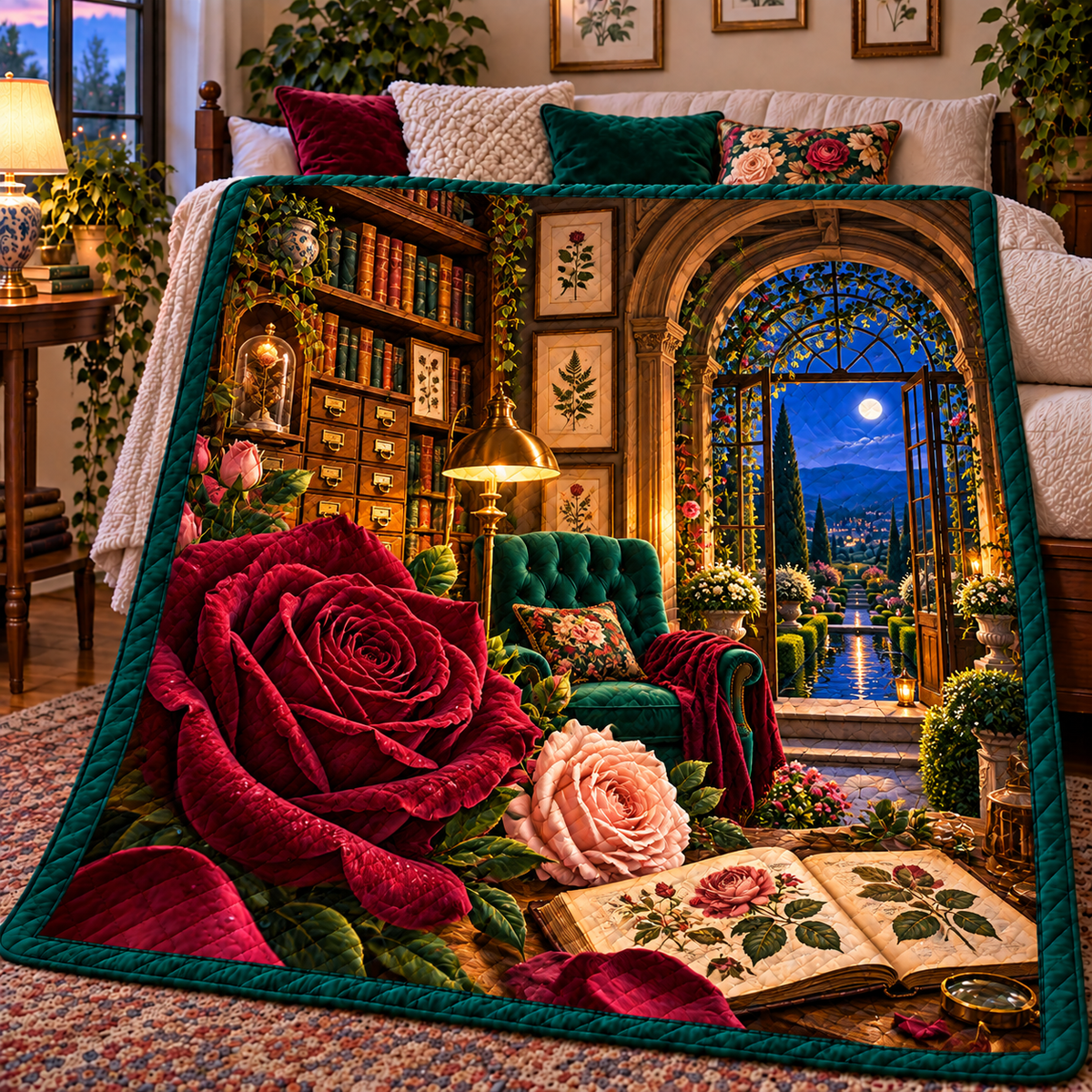 Rose Herbarium Reading Nook Quilt Blanket with printed optical 3D artwork in its use setting