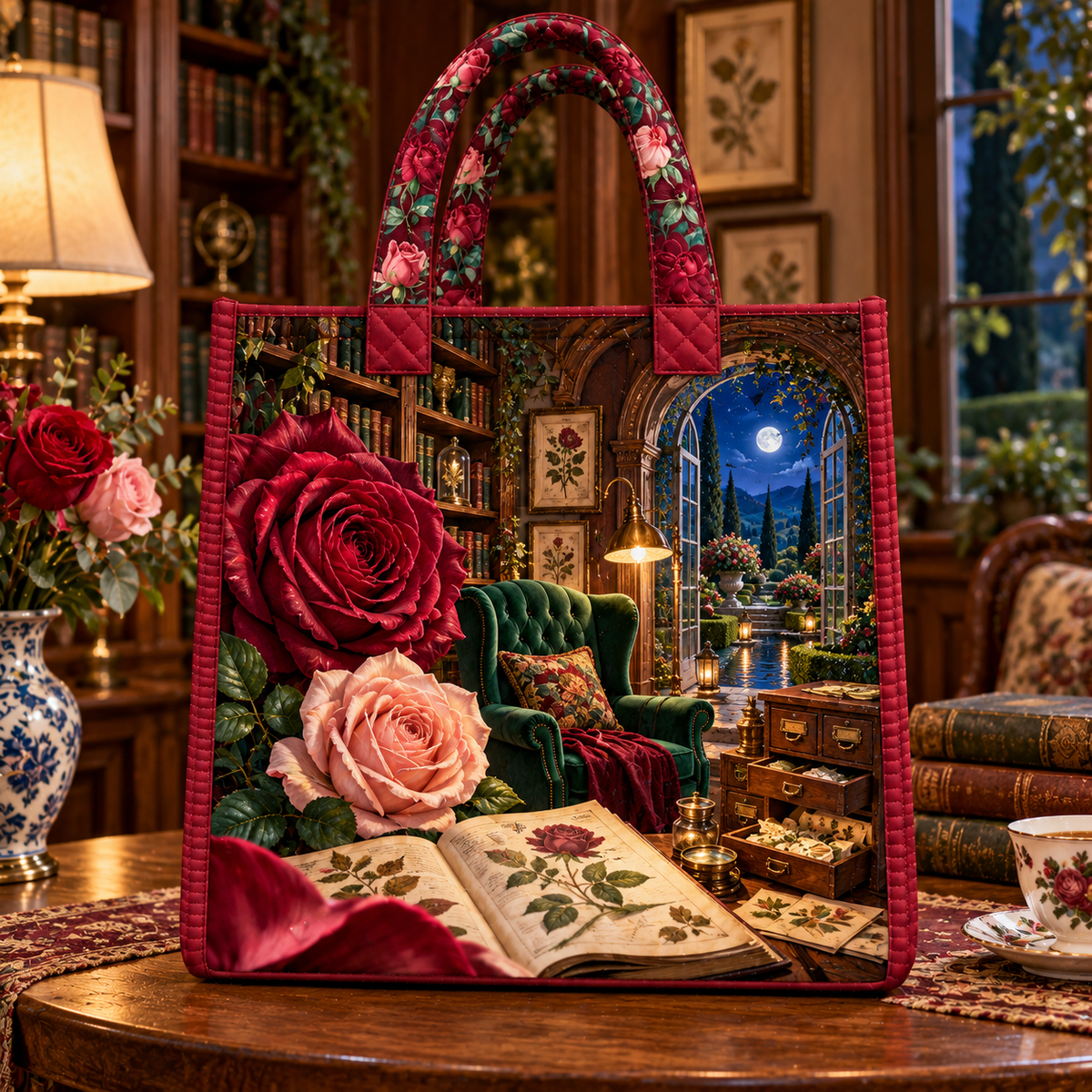 Rose Herbarium Reading Nook Quilted Tote Bag with printed optical 3D artwork in its use setting