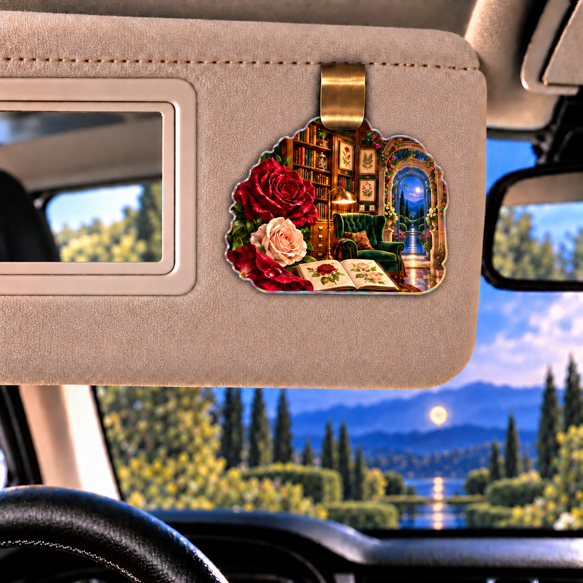Rose Herbarium Reading Nook Holographic Car Visor Clip with printed optical 3D artwork in its use setting