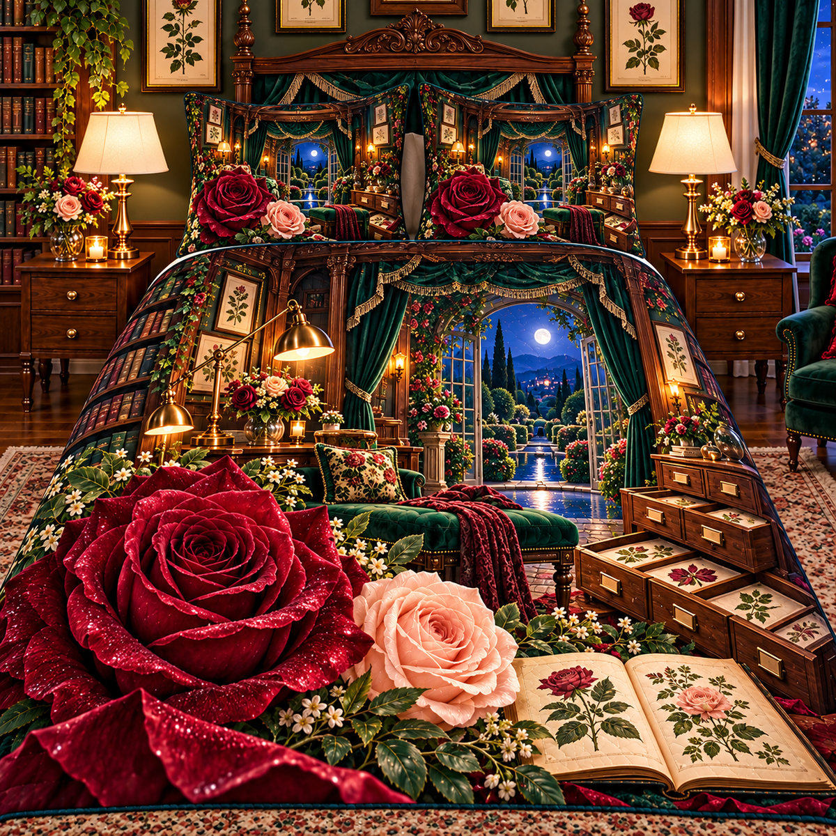 Rose Herbarium Grand Bedroom Quilted Bedding Set with printed optical 3D artwork in its use setting