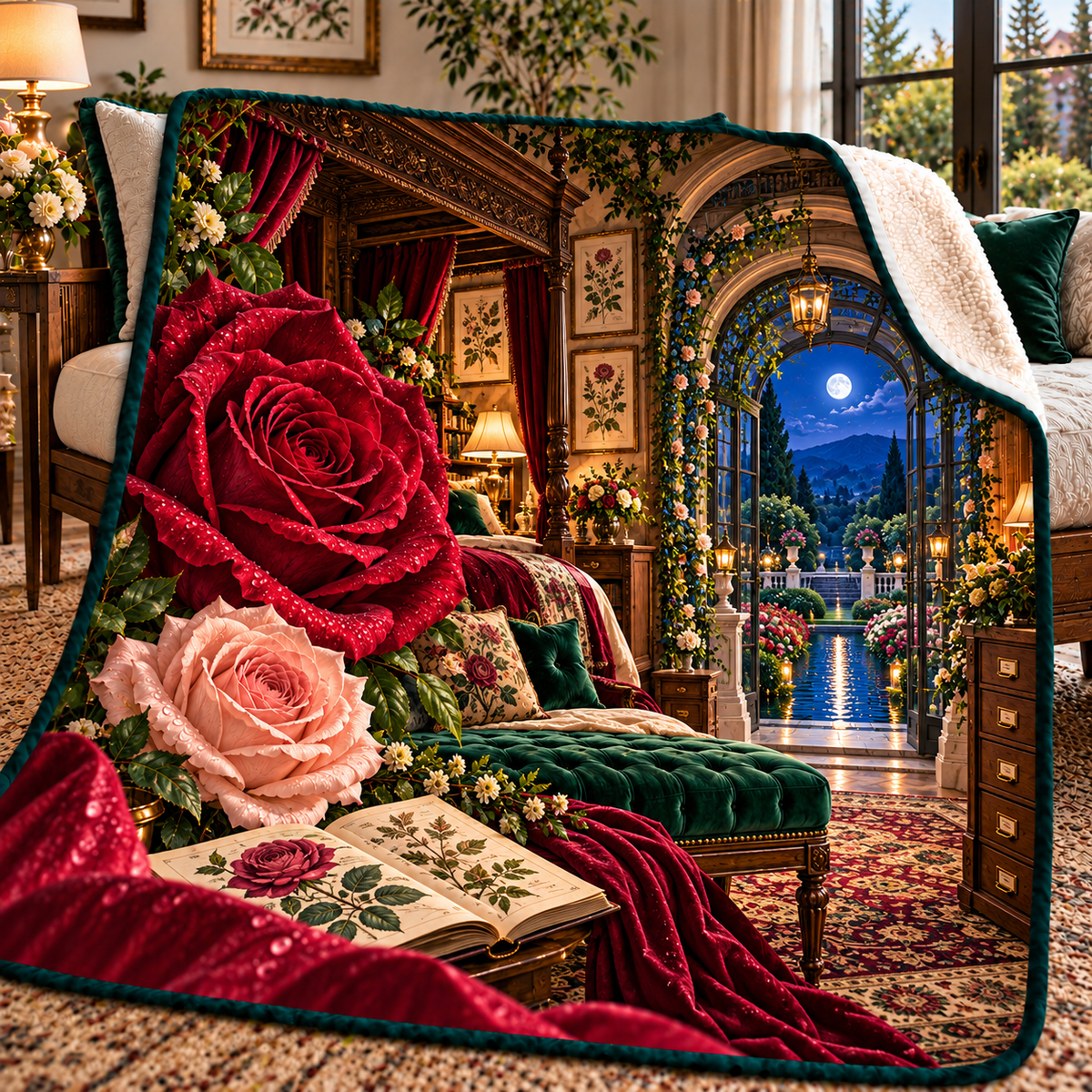 Rose Herbarium Grand Bedroom Sherpa & Fleece Blanket with printed optical 3D artwork in its use setting