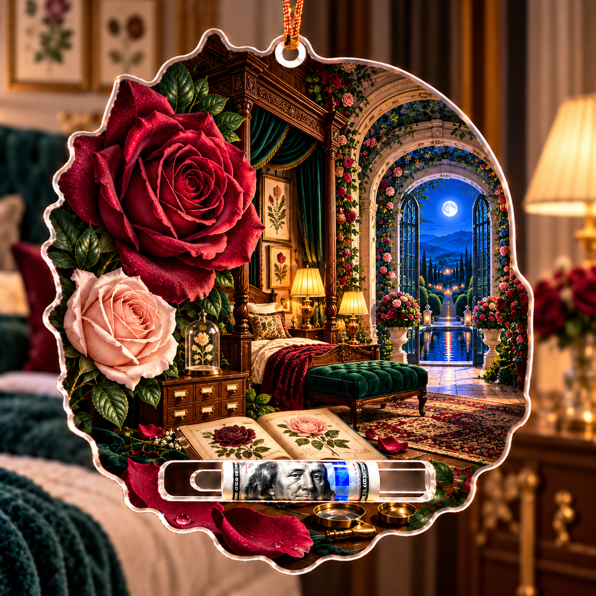 Rose Herbarium Grand Bedroom Acrylic Cash Holder Ornament with printed optical 3D artwork in its use setting