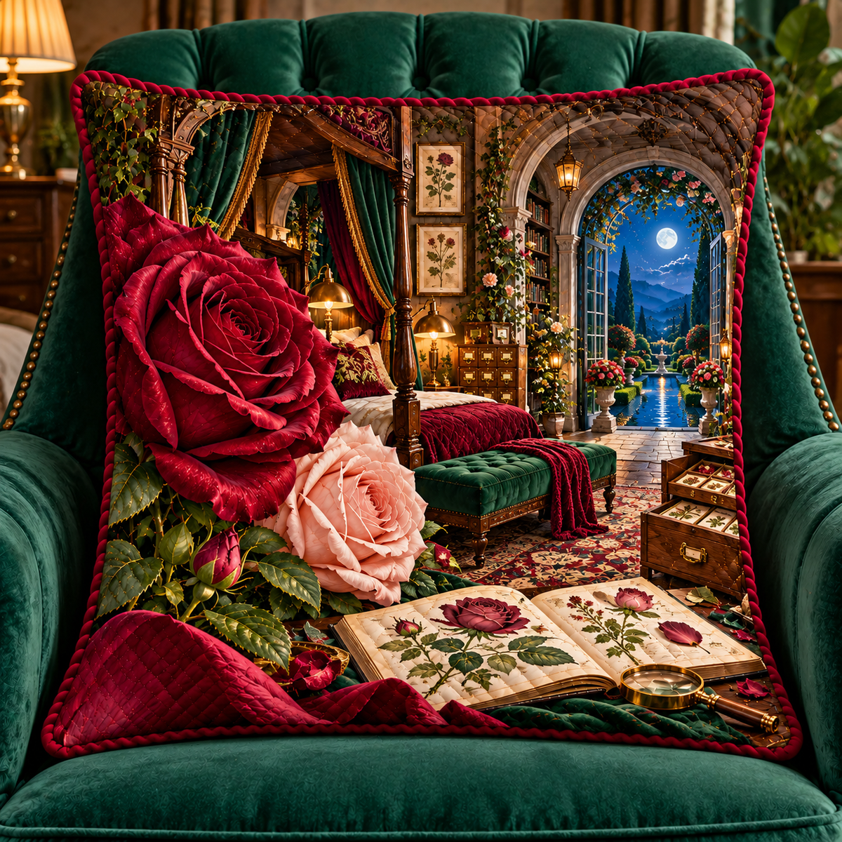 Rose Herbarium Grand Bedroom Quilted Cushion Cover with printed optical 3D artwork in its use setting