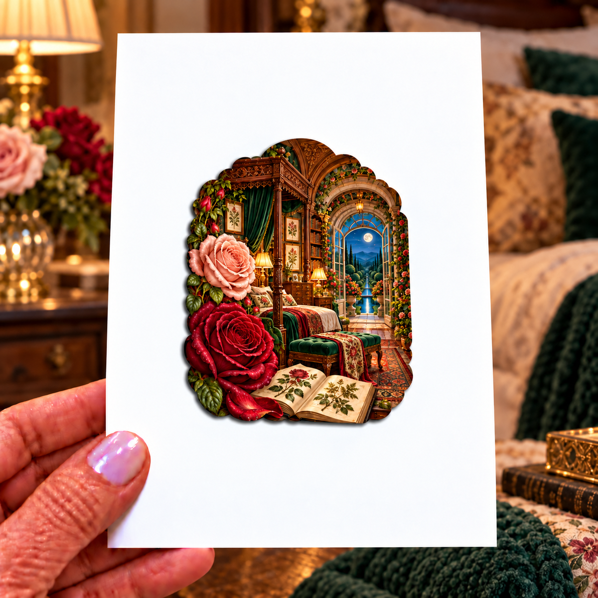 Rose Herbarium Grand Bedroom Acrylic Refrigerator Magnet with printed optical 3D artwork in its use setting