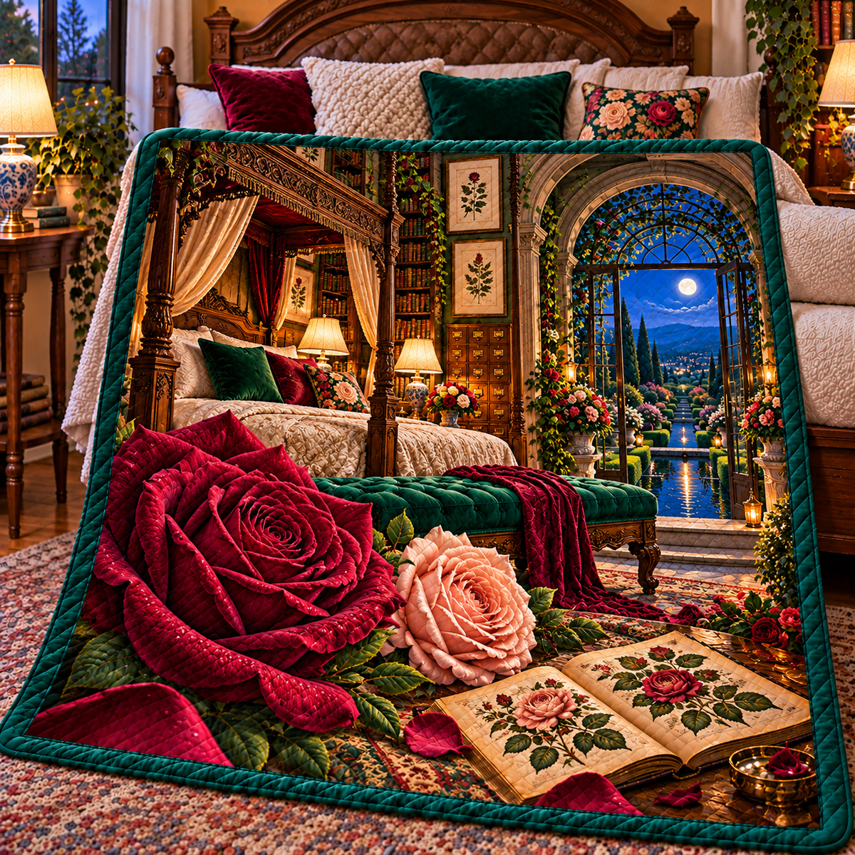 Rose Herbarium Grand Bedroom Quilt Blanket with printed optical 3D artwork in its use setting
