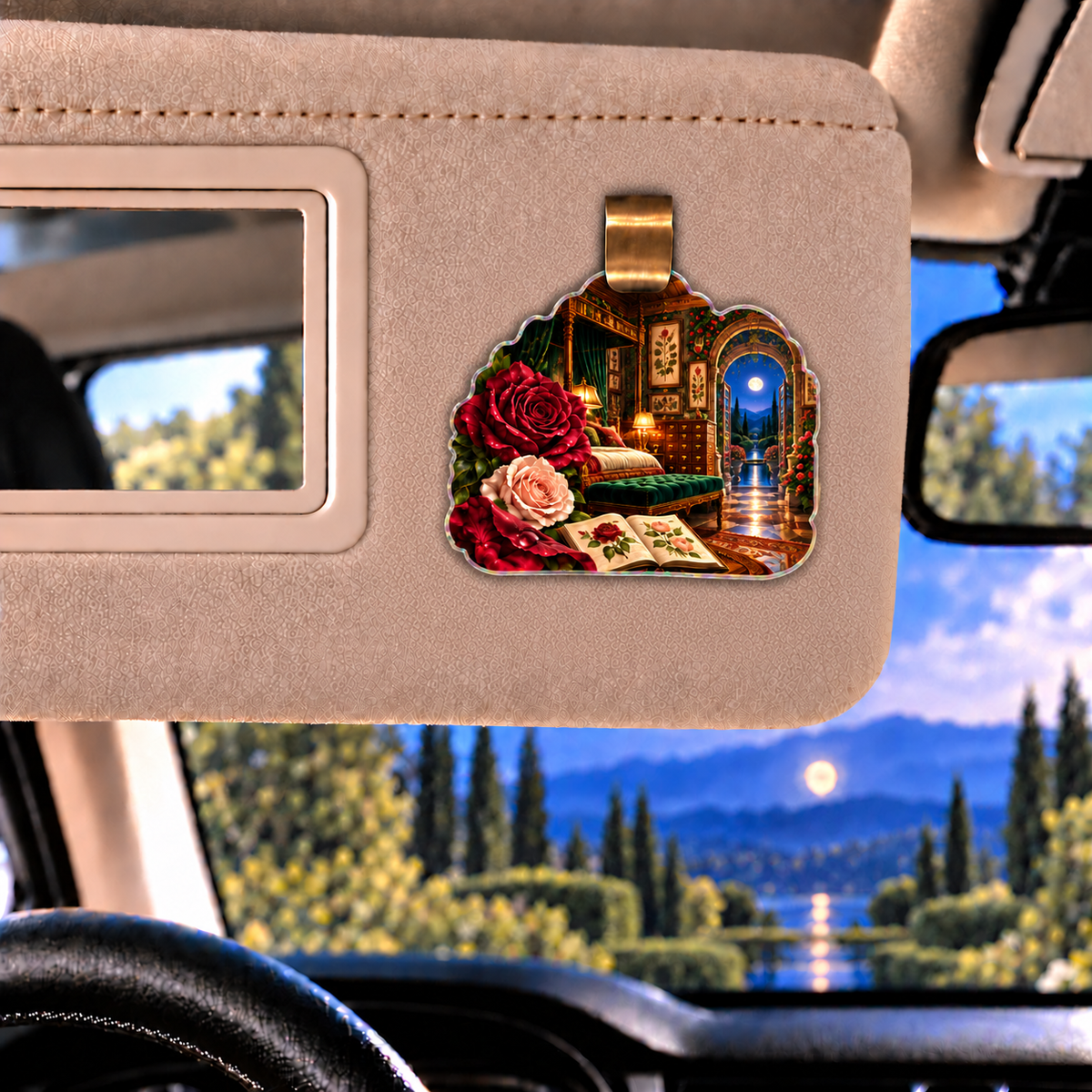 Rose Herbarium Grand Bedroom Holographic Car Visor Clip with printed optical 3D artwork in its use setting
