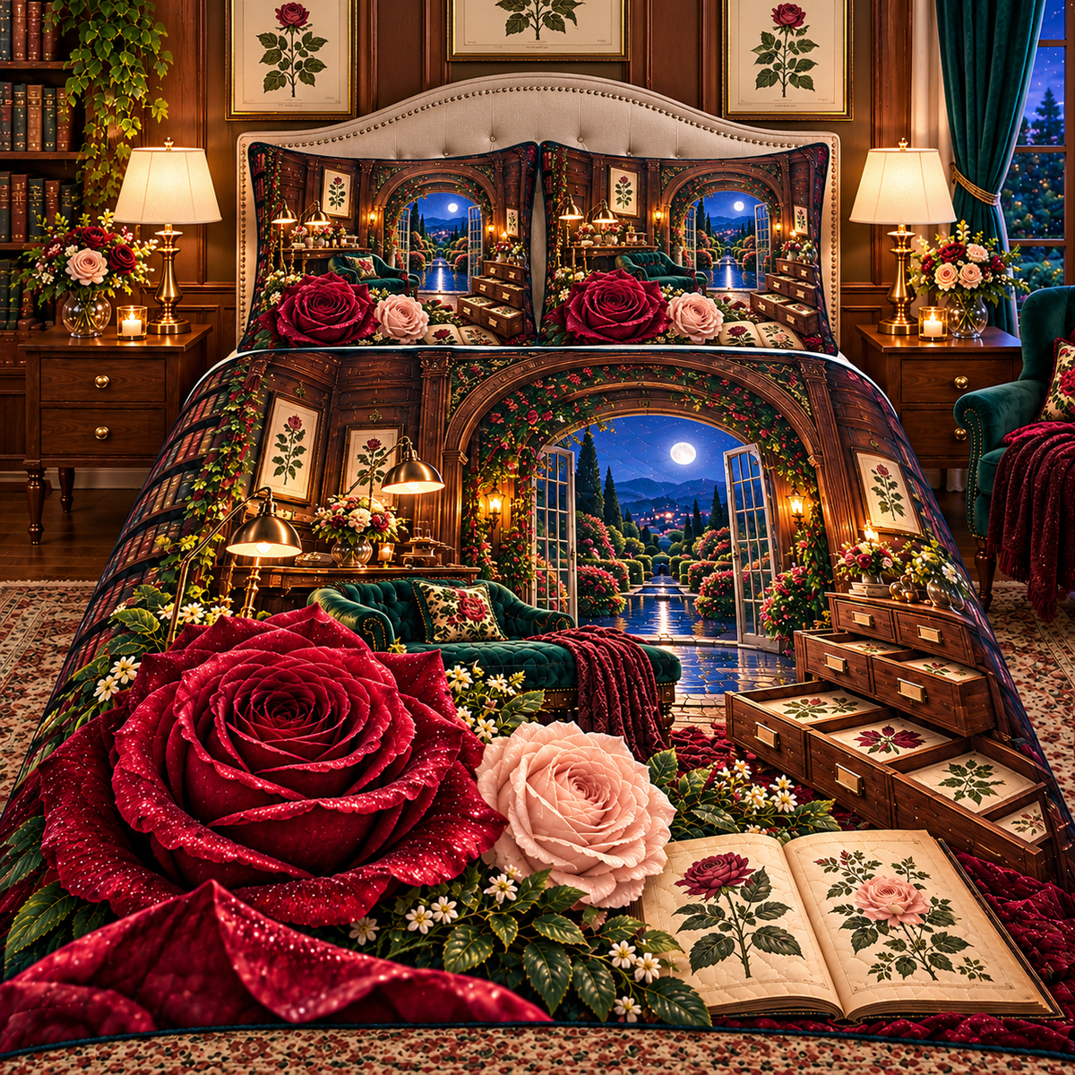 Rose Herbarium Grand Salon Quilted Bedding Set with printed optical 3D artwork in its use setting