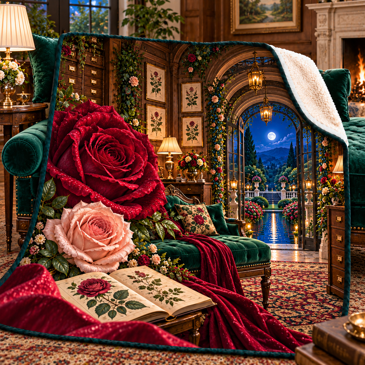 Rose Herbarium Grand Salon Sherpa & Fleece Blanket with printed optical 3D artwork in its use setting