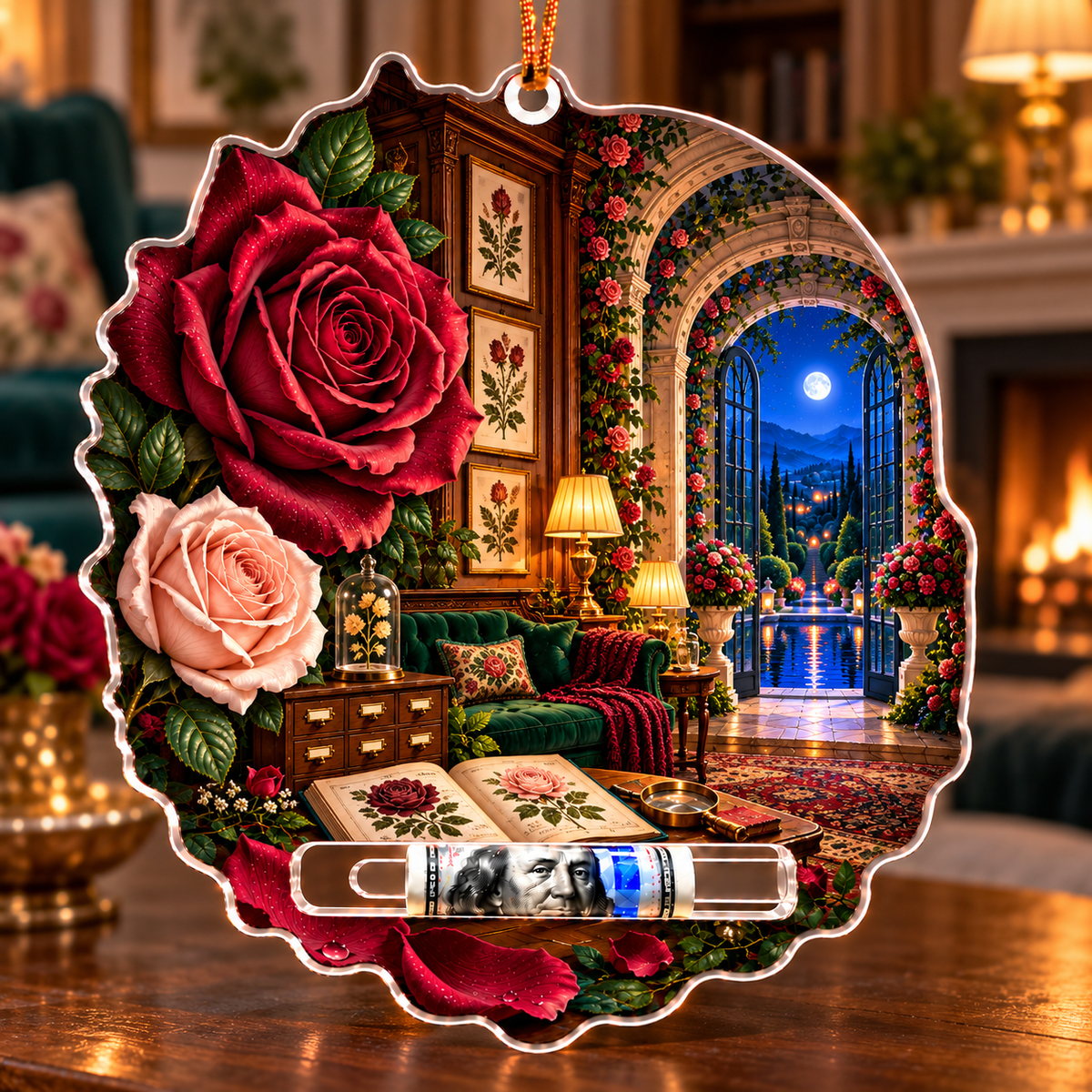 Rose Herbarium Grand Salon Acrylic Cash Holder Ornament with printed optical 3D artwork in its use setting