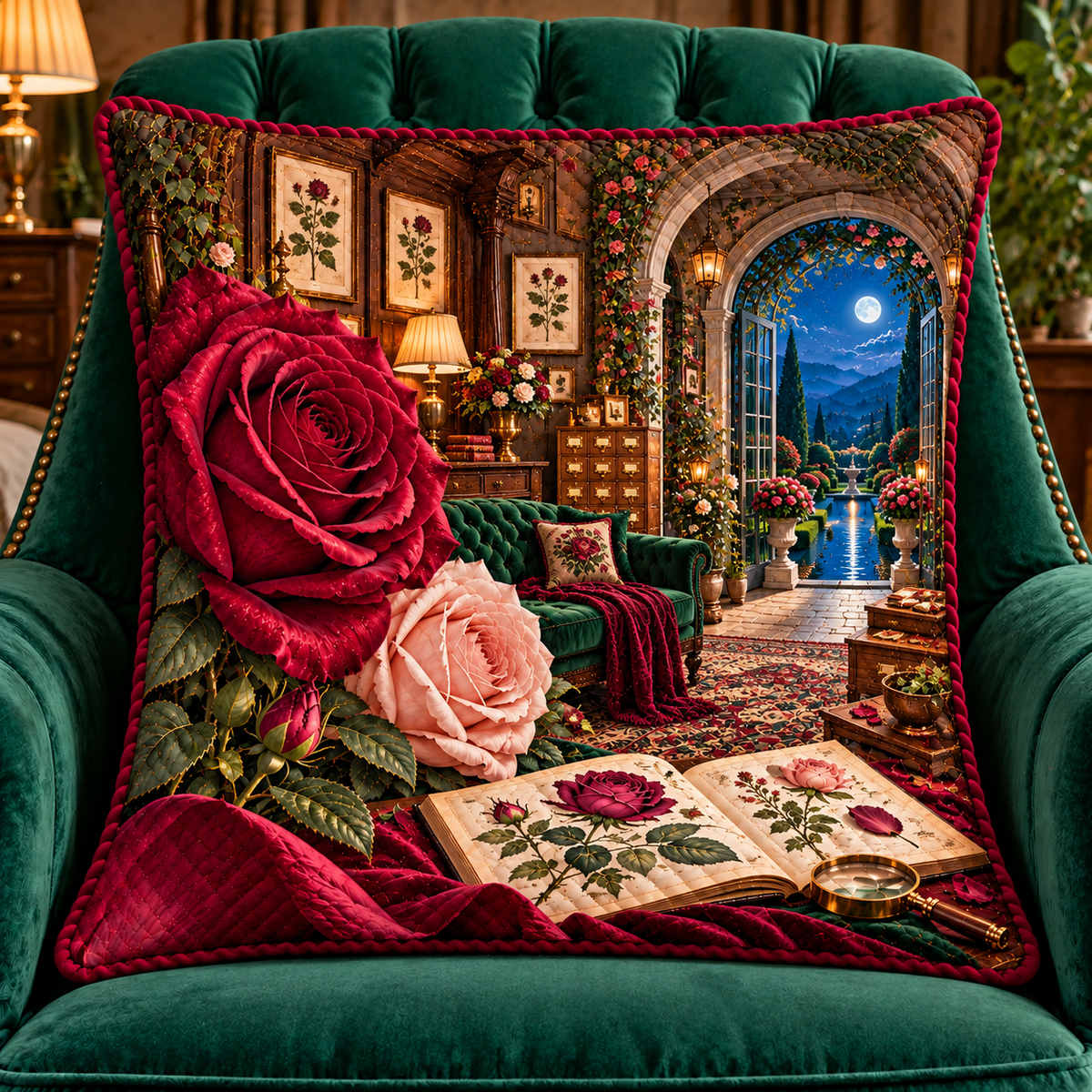 Rose Herbarium Grand Salon Quilted Cushion Cover with printed optical 3D artwork in its use setting