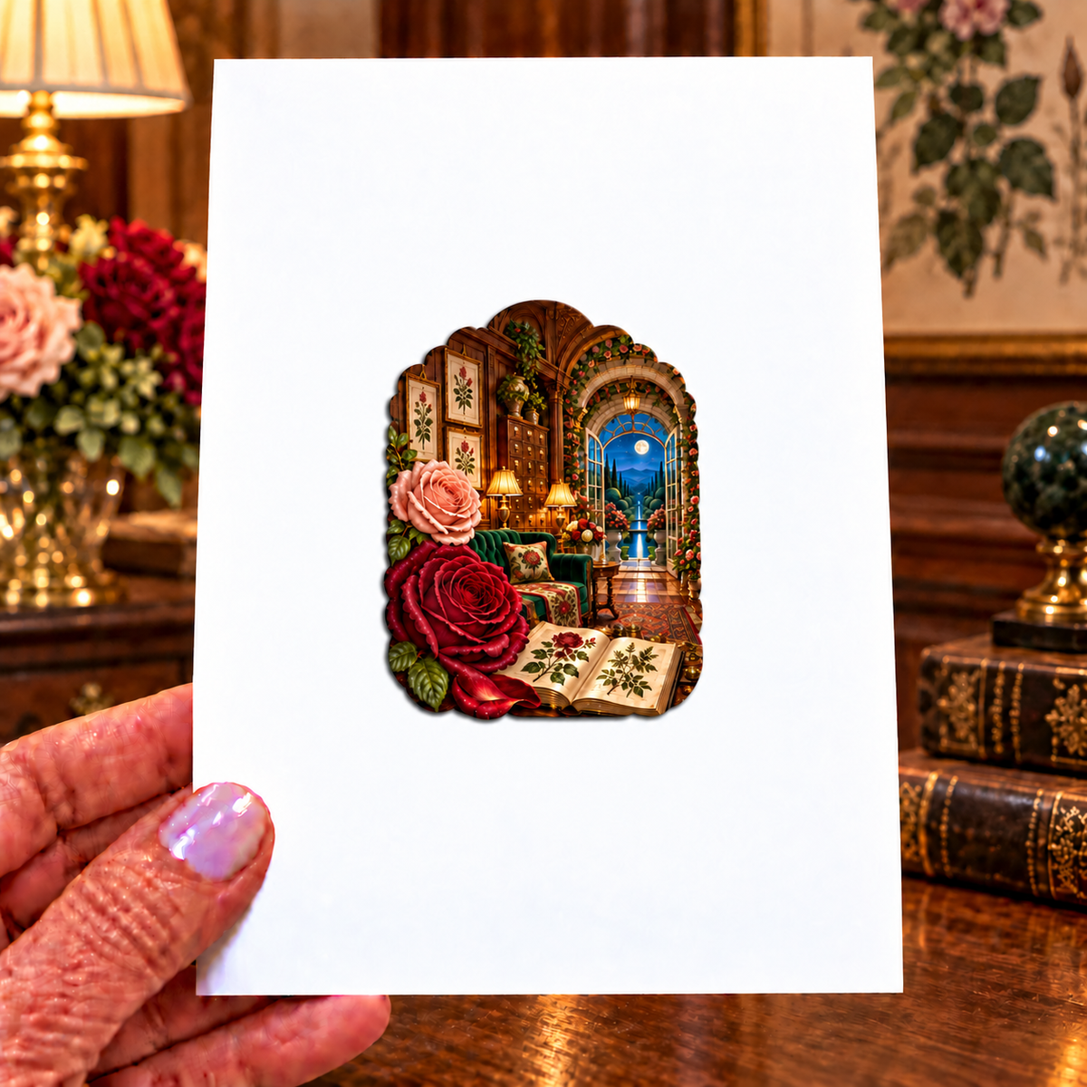 Rose Herbarium Grand Salon Acrylic Refrigerator Magnet with printed optical 3D artwork in its use setting