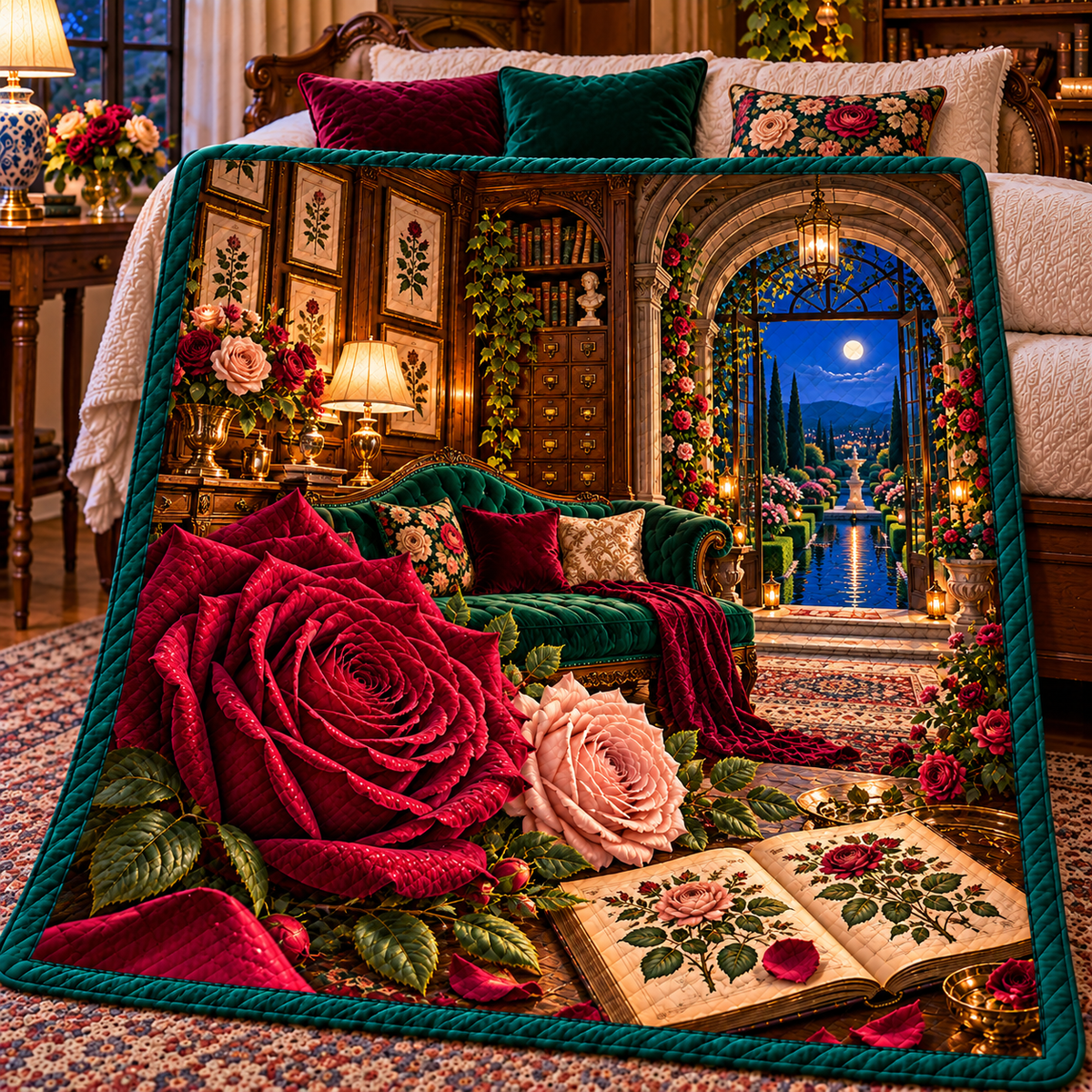 Rose Herbarium Grand Salon Quilt Blanket with printed optical 3D artwork in its use setting