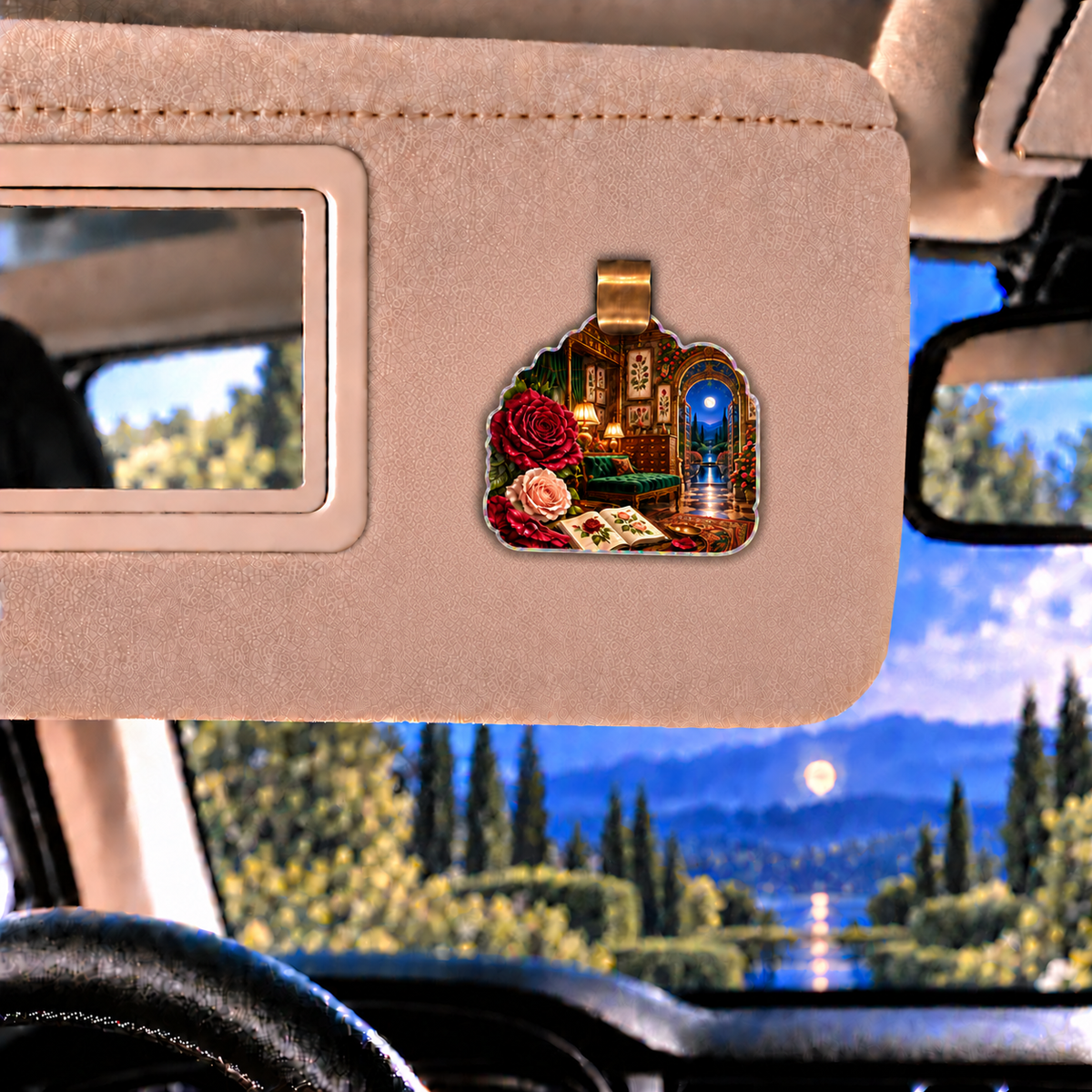 Rose Herbarium Grand Salon Holographic Car Visor Clip with printed optical 3D artwork in its use setting
