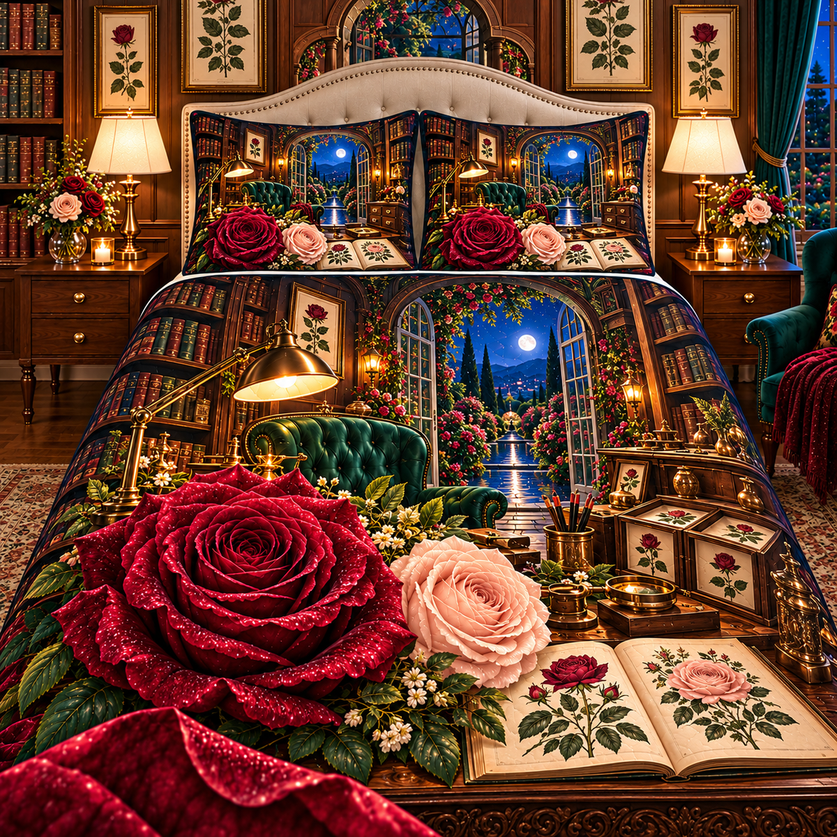 Rose Herbarium Scholar Study Quilted Bedding Set with printed optical 3D artwork in its use setting