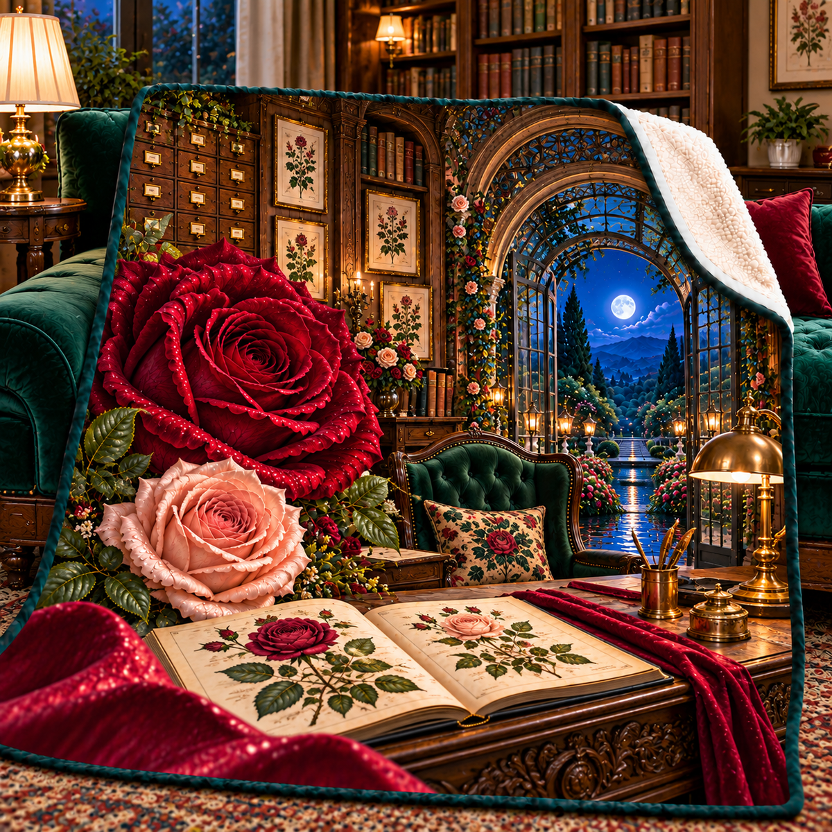 Rose Herbarium Scholar Study Sherpa & Fleece Blanket with printed optical 3D artwork in its use setting