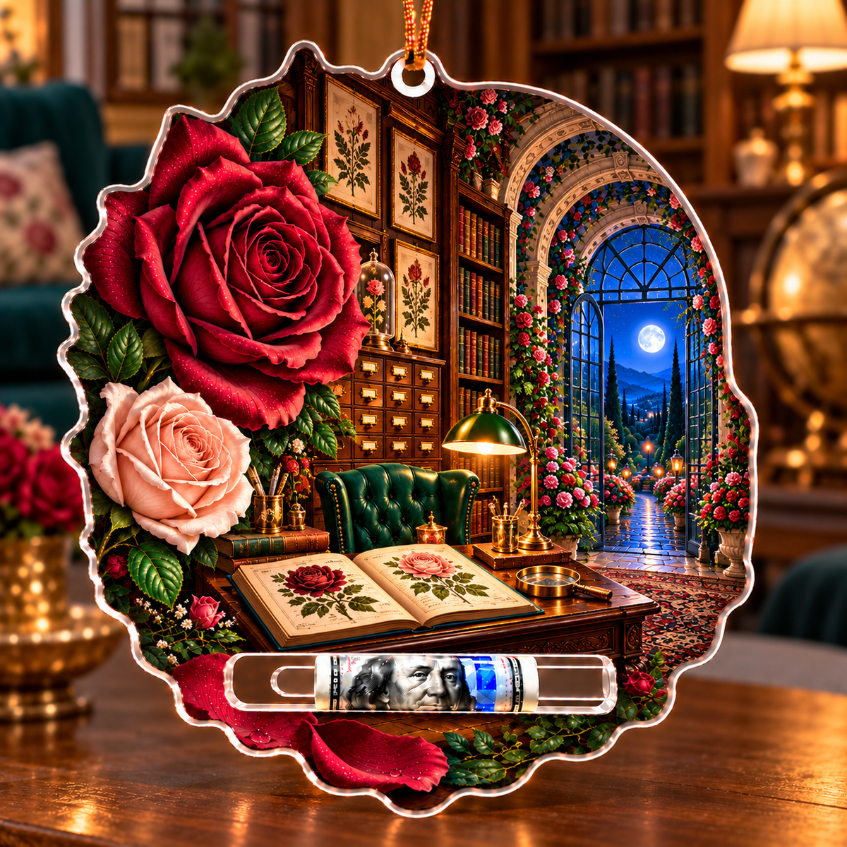 Rose Herbarium Scholar Study Acrylic Cash Holder Ornament with printed optical 3D artwork in its use setting
