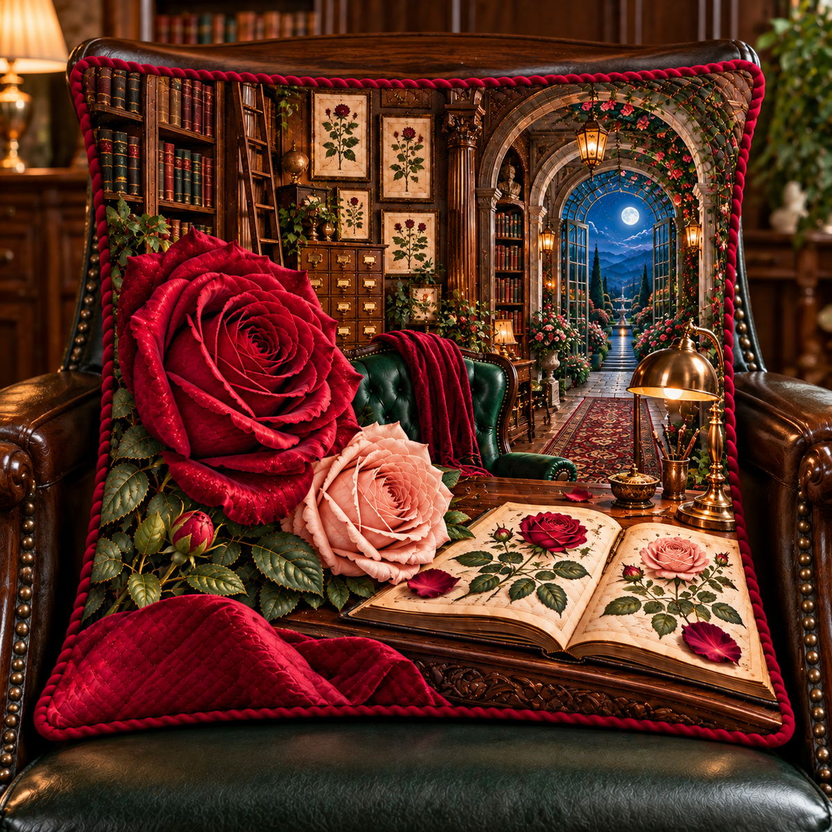 Rose Herbarium Scholar Study Quilted Cushion Cover with printed optical 3D artwork in its use setting
