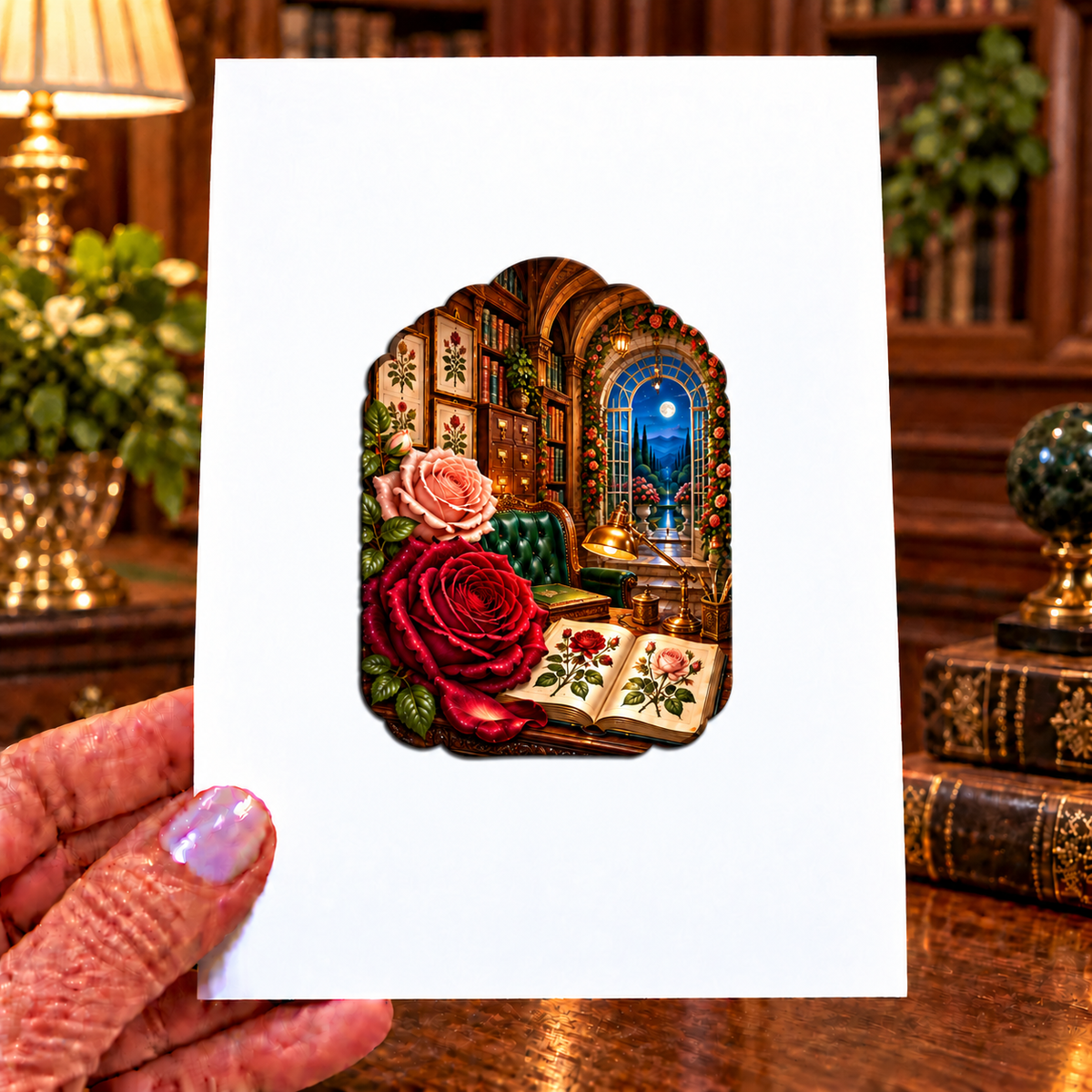 Rose Herbarium Scholar Study Acrylic Refrigerator Magnet with printed optical 3D artwork in its use setting