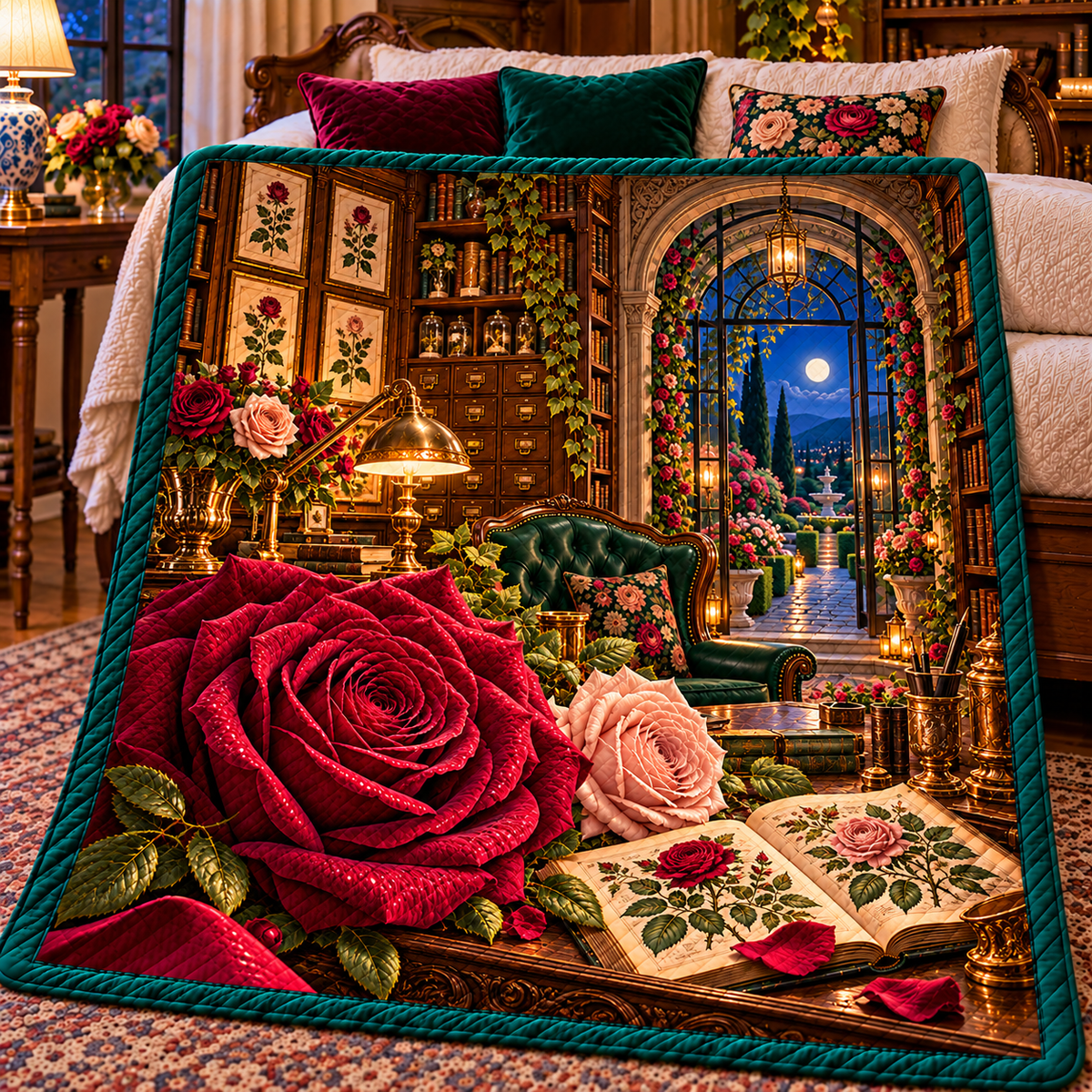 Rose Herbarium Scholar Study Quilt Blanket with printed optical 3D artwork in its use setting