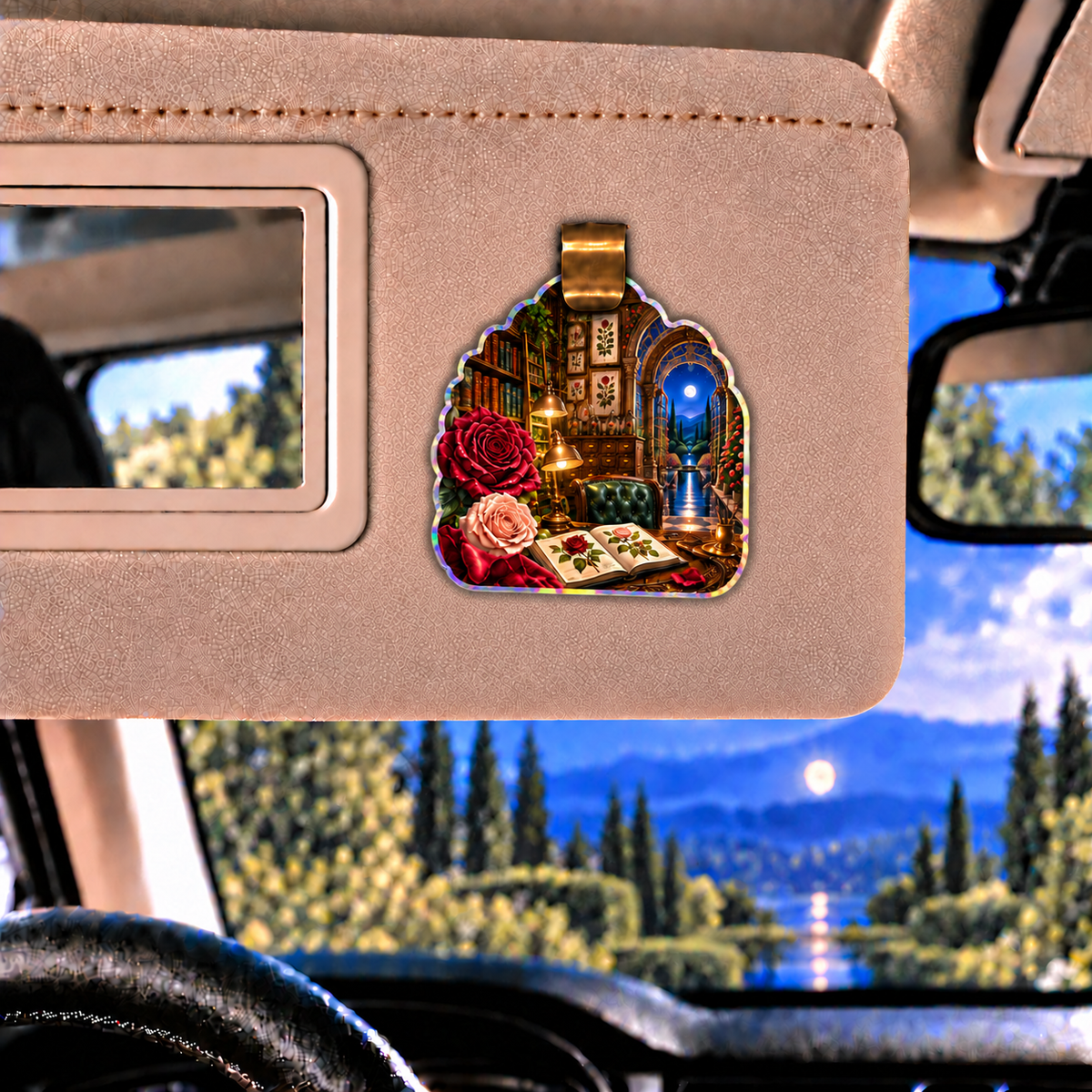 Rose Herbarium Scholar Study Holographic Car Visor Clip with printed optical 3D artwork in its use setting