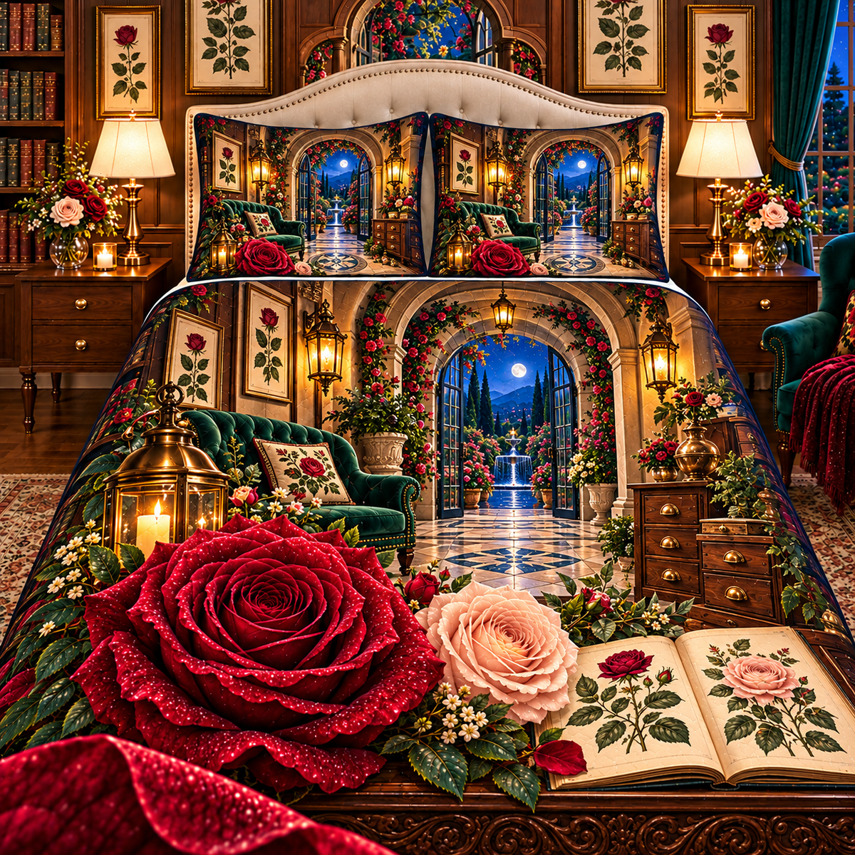 Rose Herbarium Heirloom Entry Quilted Bedding Set with printed optical 3D artwork in its use setting