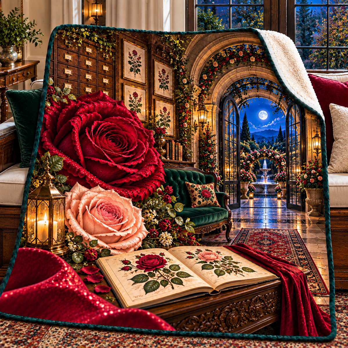 Rose Herbarium Heirloom Entry Sherpa & Fleece Blanket with printed optical 3D artwork in its use setting