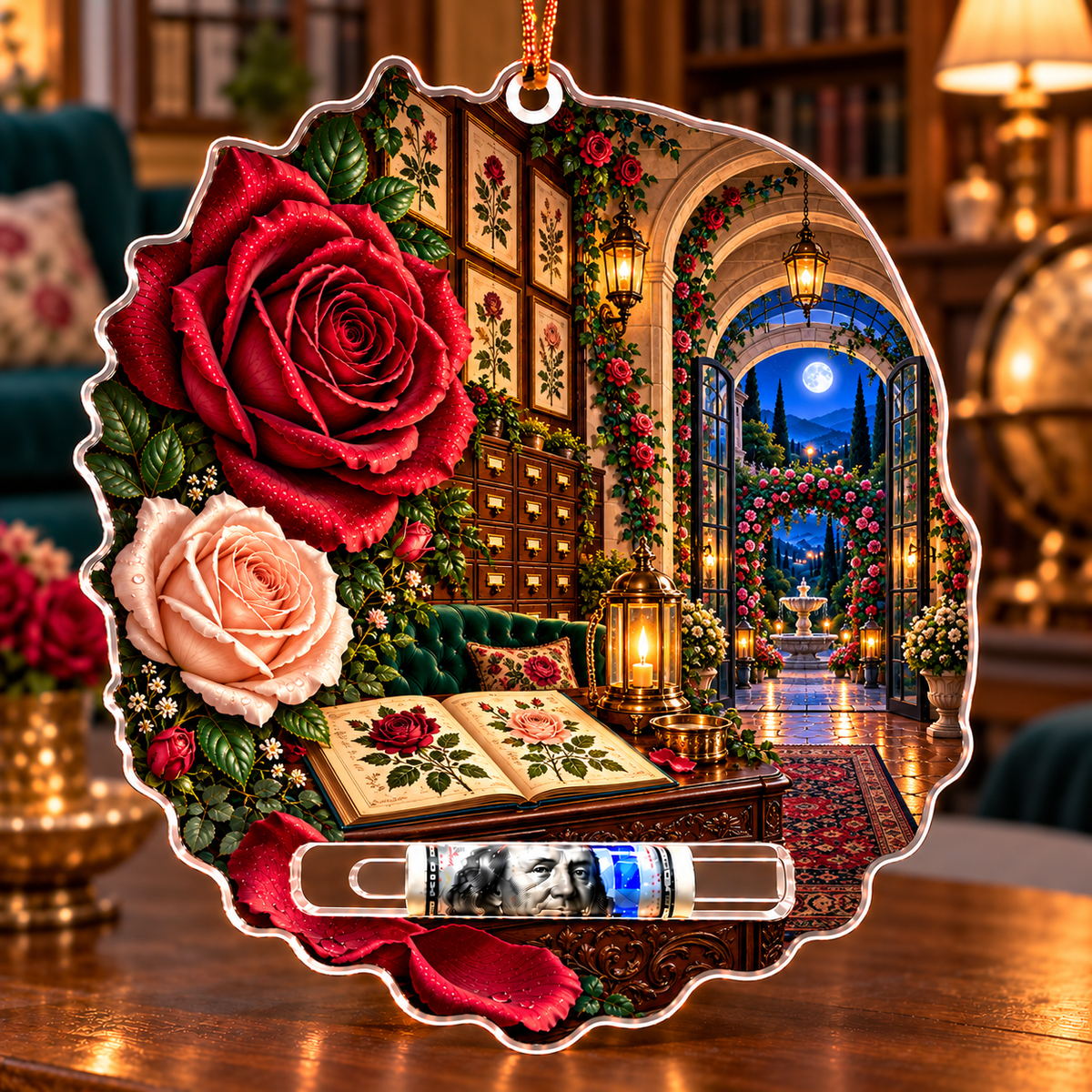 Rose Herbarium Heirloom Entry Acrylic Cash Holder Ornament with printed optical 3D artwork in its use setting