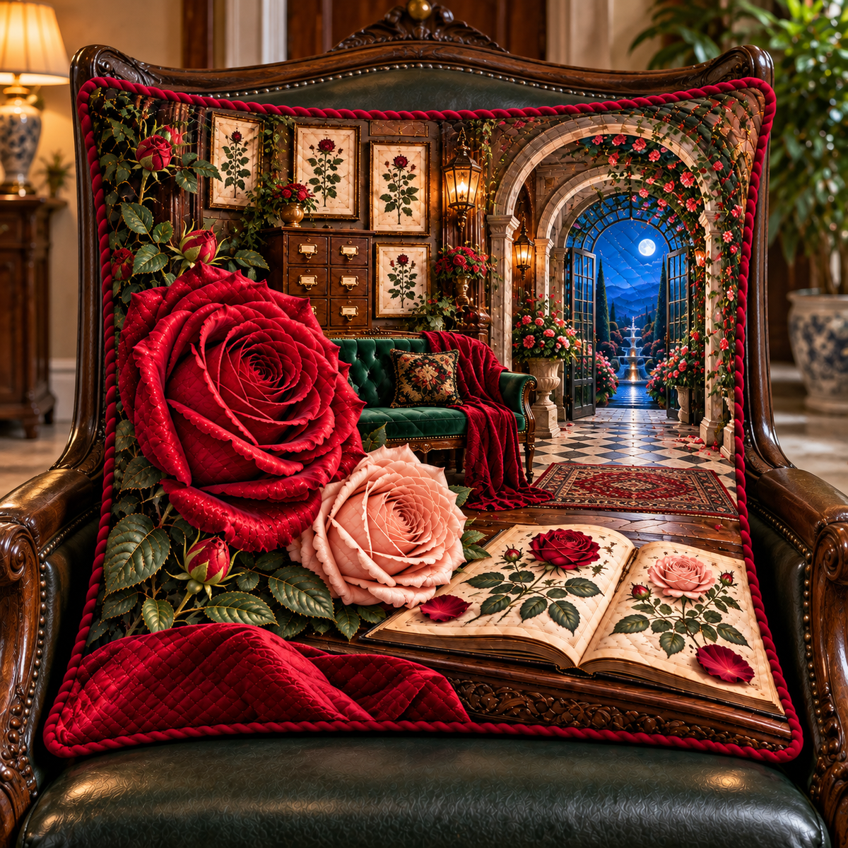 Rose Herbarium Heirloom Entry Quilted Cushion Cover with printed optical 3D artwork in its use setting