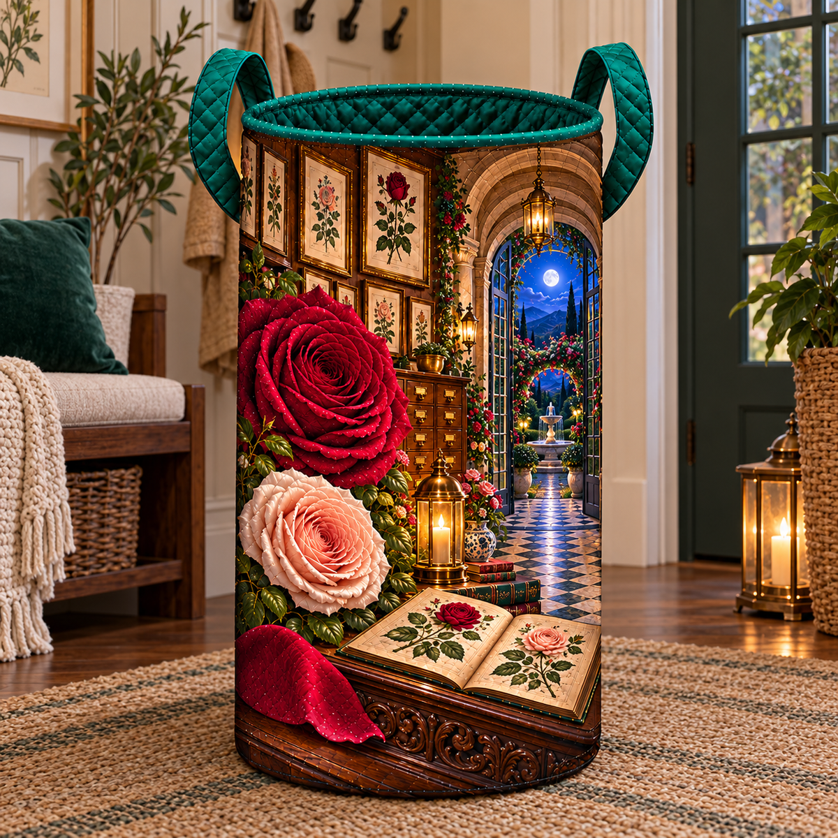 Rose Herbarium Heirloom Entry Laundry Hamper with printed optical 3D artwork in its use setting