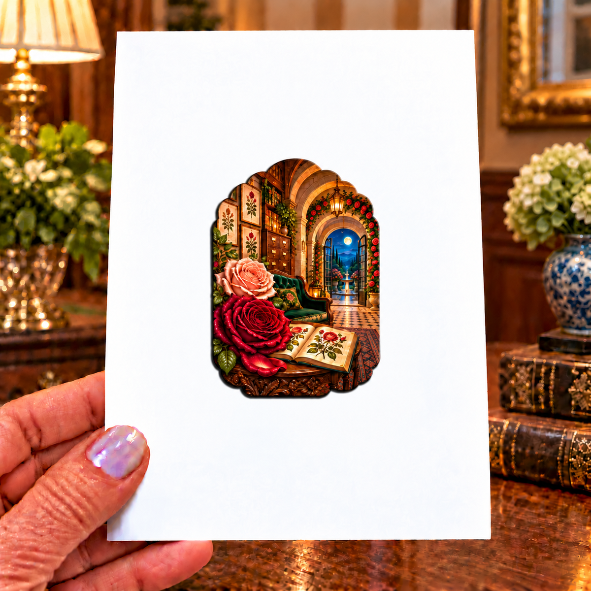 Rose Herbarium Heirloom Entry Acrylic Refrigerator Magnet with printed optical 3D artwork in its use setting