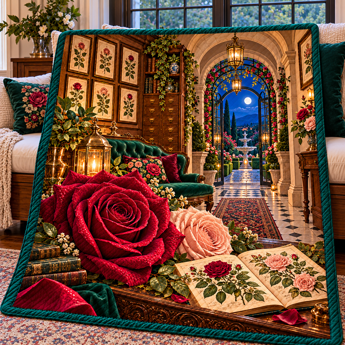 Rose Herbarium Heirloom Entry Quilt Blanket with printed optical 3D artwork in its use setting
